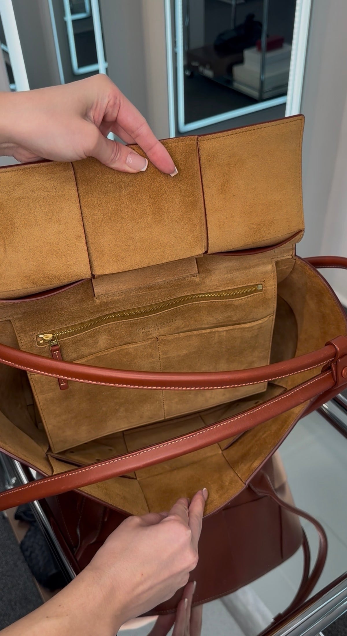 BOTTEGA VENETA "Arco" Leather Satchel Cognac