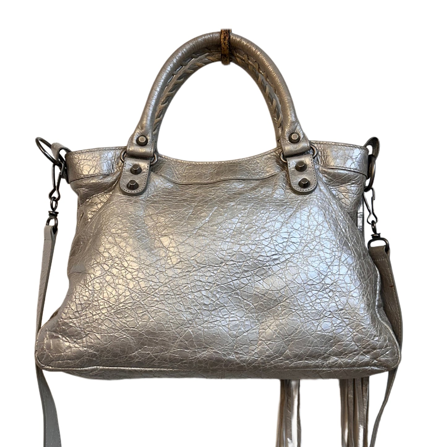 BALENCIAGA Silver Leather Small Moto Bag