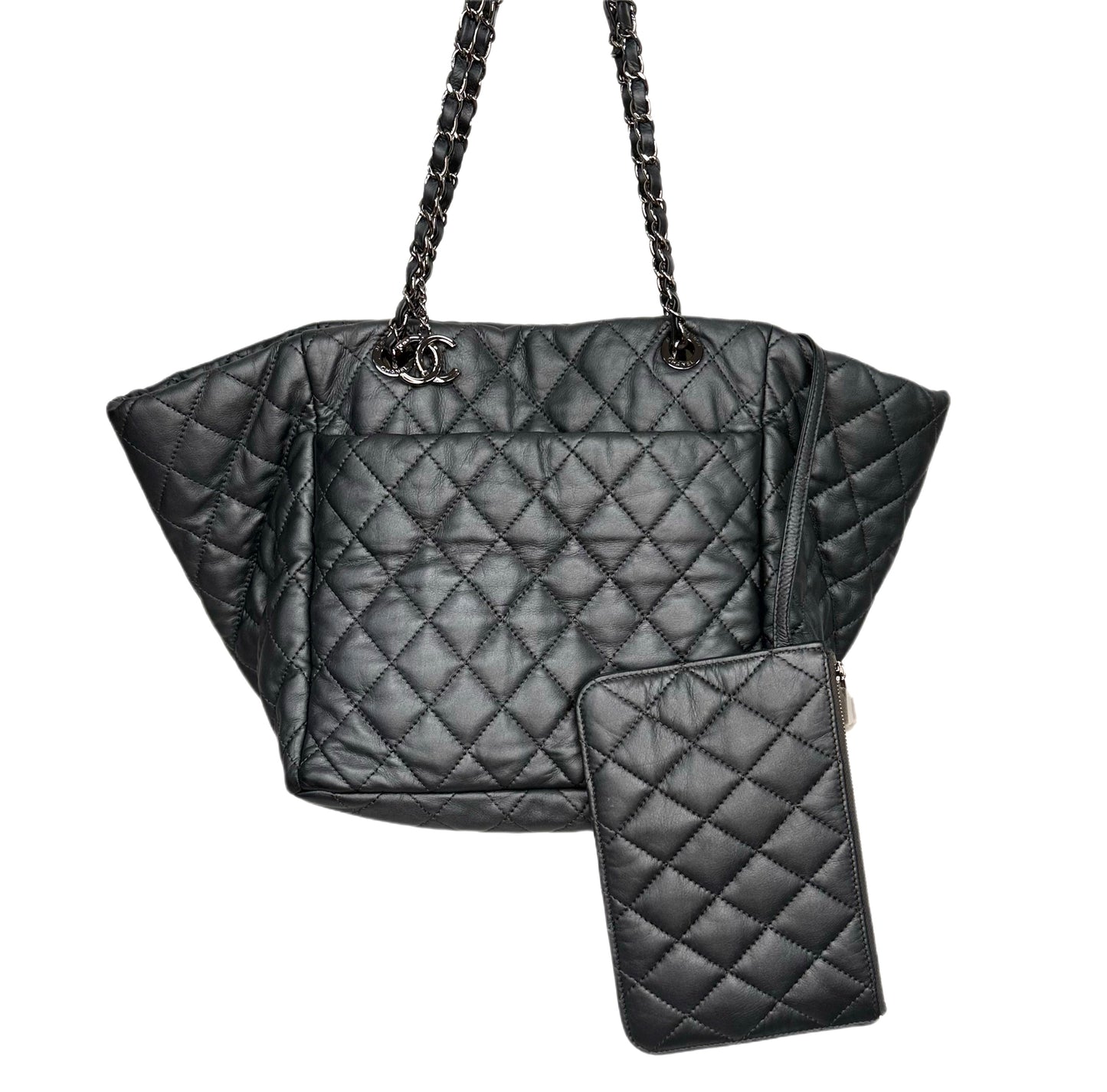 CHANEL Gray Lambskin Quilted Weekend Tote