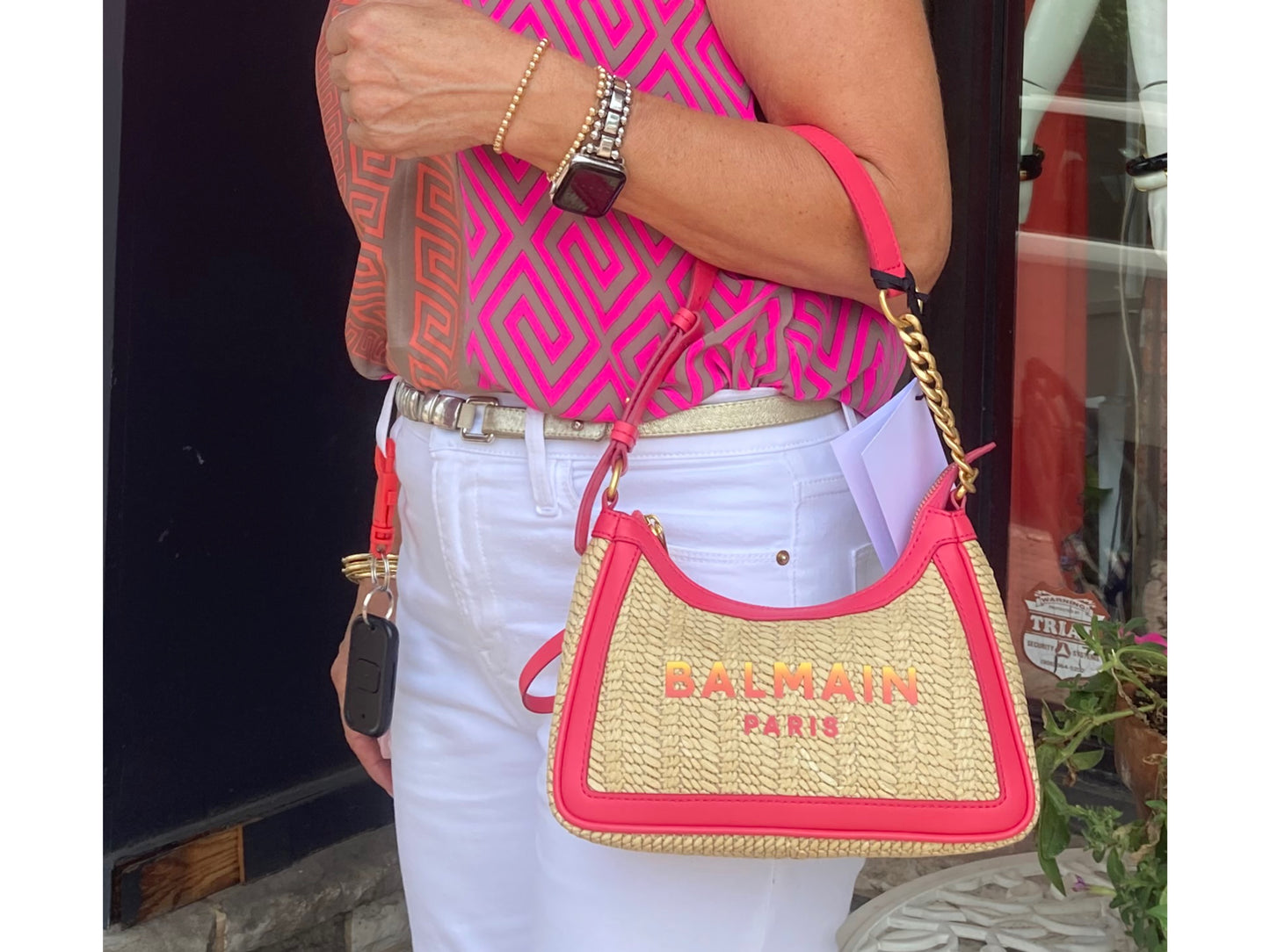 BALMAIN B-Army Woven Raffia Shoulder Bag Natural Fuchsia