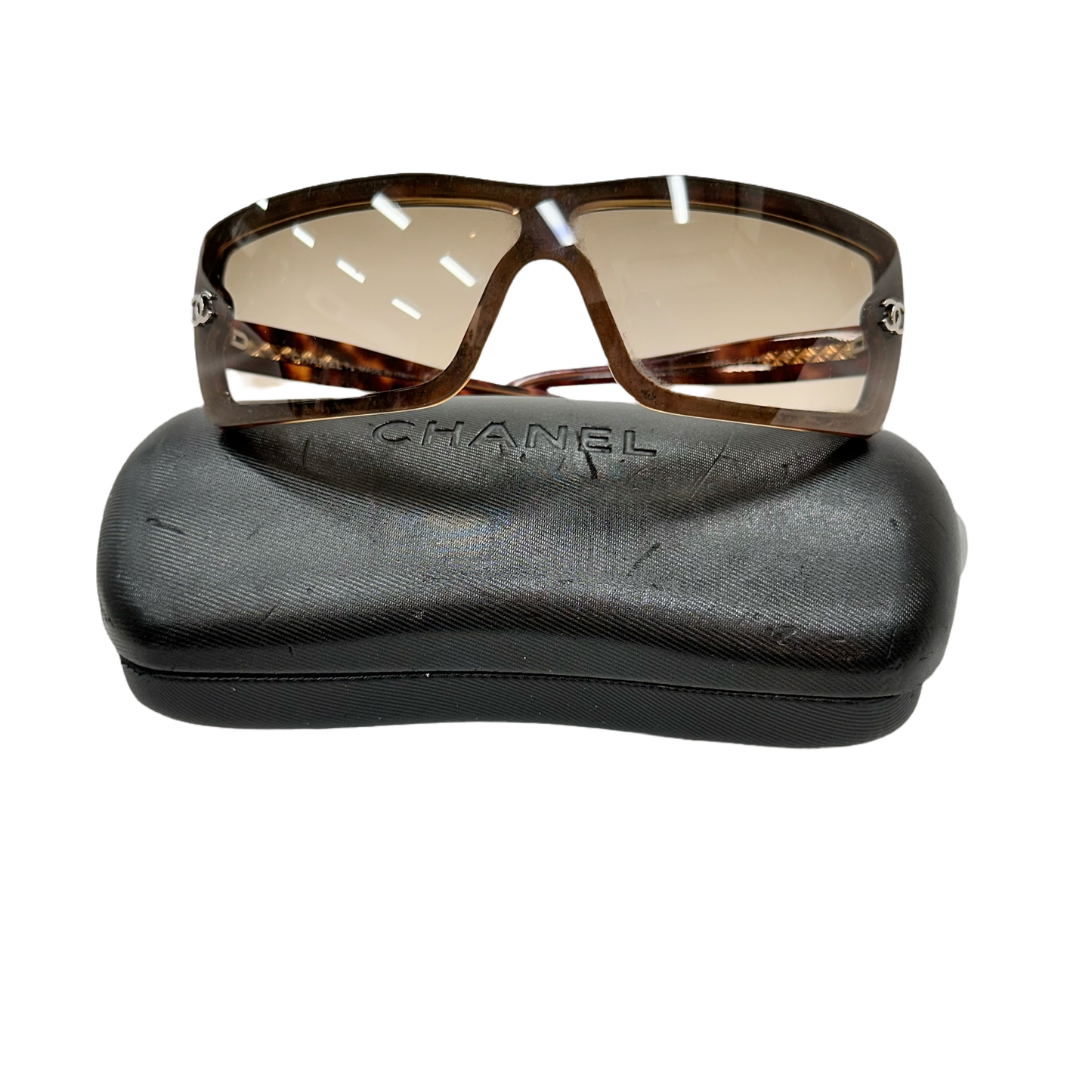CHANEL Brown Tortoise Rectangular Sunglasses