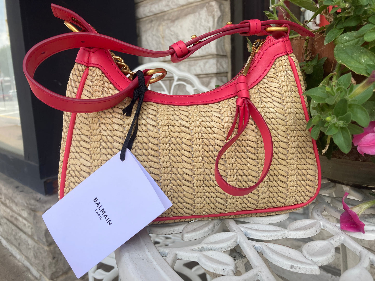 BALMAIN B-Army Woven Raffia Shoulder Bag Natural Fuchsia