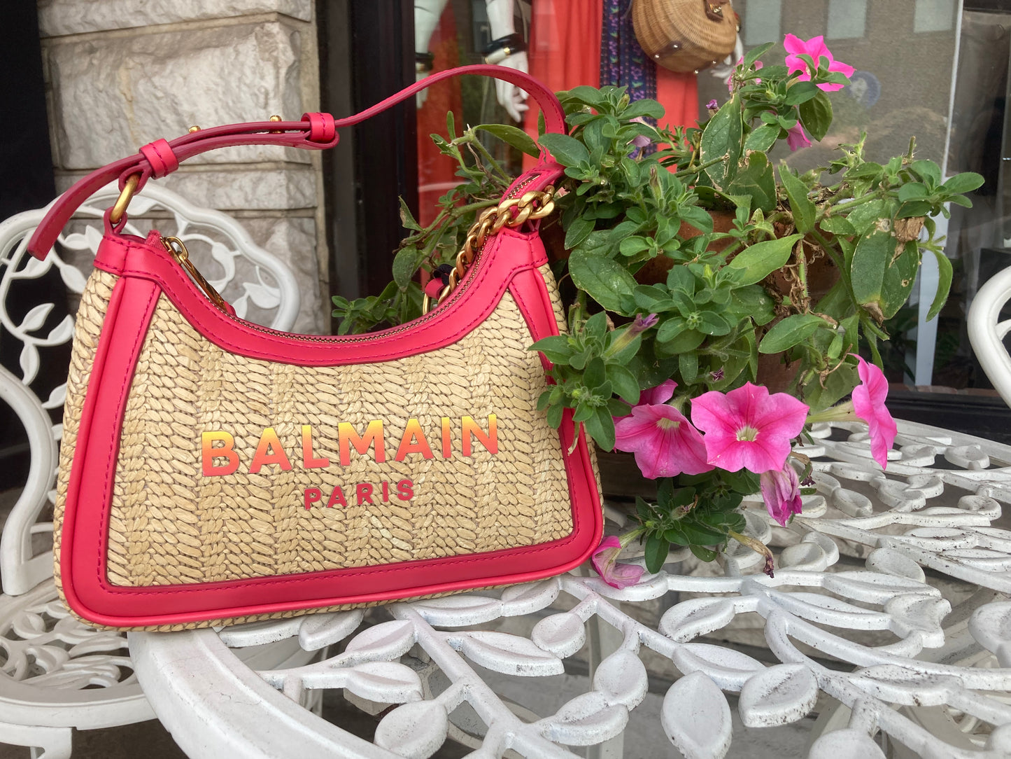 BALMAIN B-Army Woven Raffia Shoulder Bag Natural Fuchsia