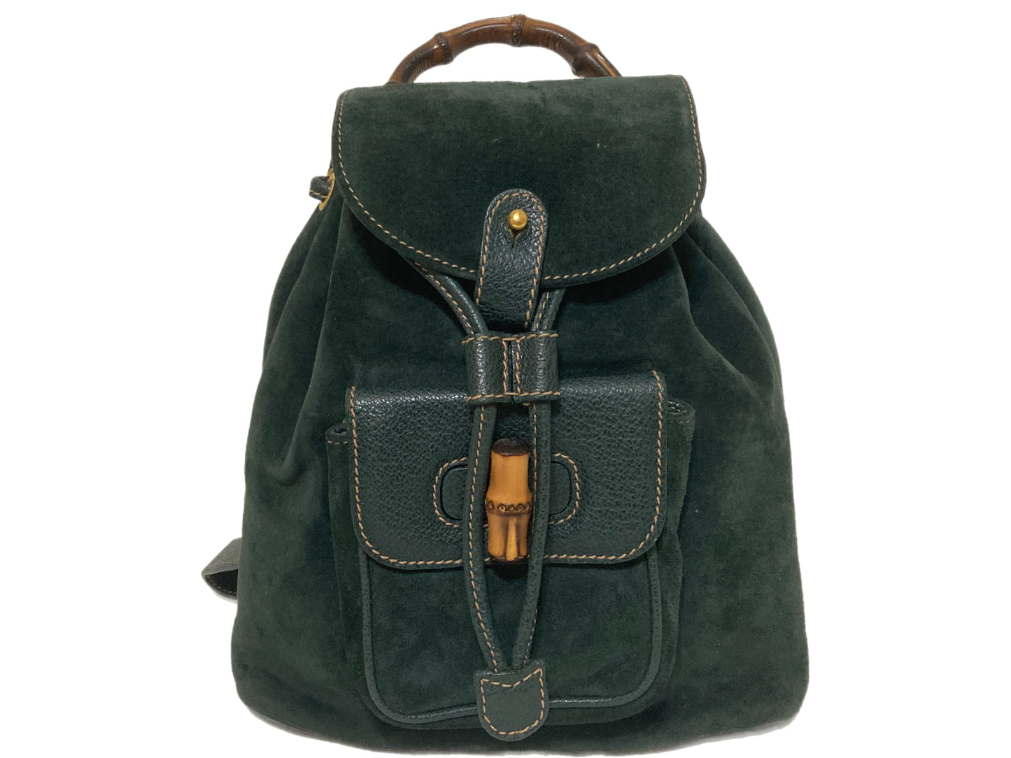 GUCCI Suede and Leather Bamboo Handle Backpack Green