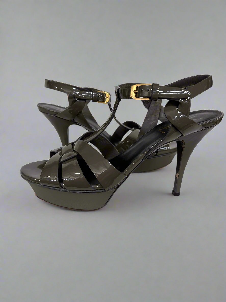 YSL Gray Patent Leather Tribute Sandal