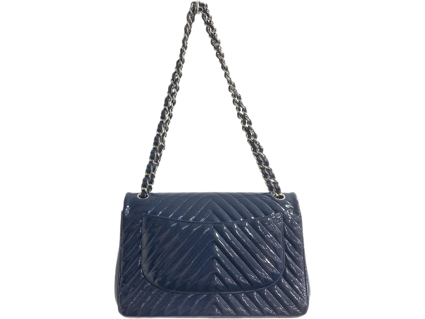 CHANEL Patent Leather Chevron Double Flap Handbag Navy Blue