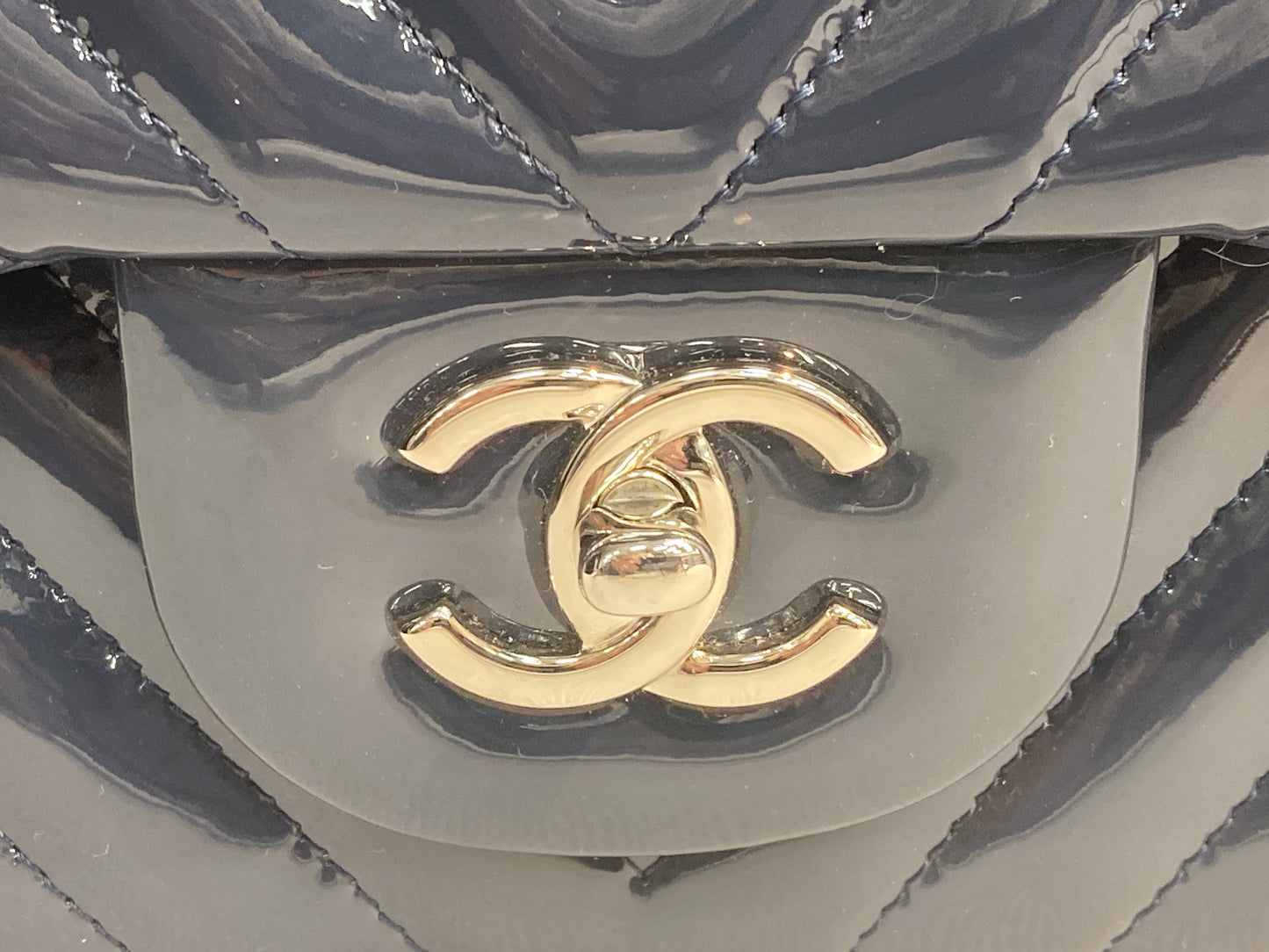 CHANEL Patent Leather Chevron Double Flap Handbag Navy Blue