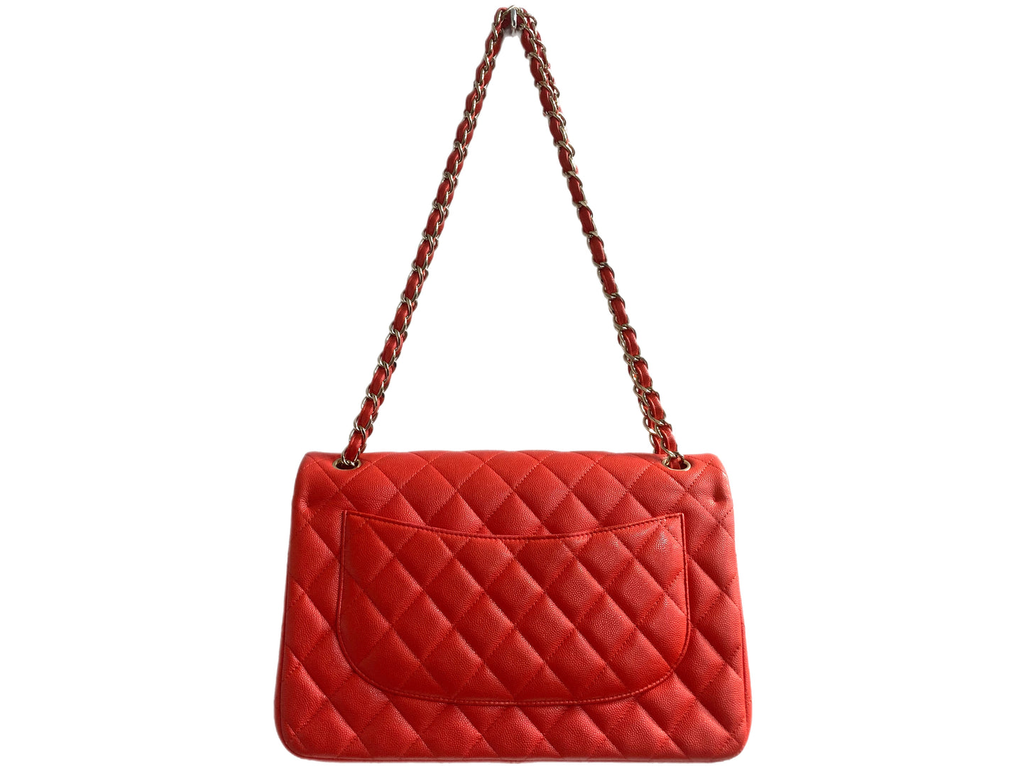 CHANEL Jumbo Caviar Leather Quilted Double Flap Handbag Orange/Red