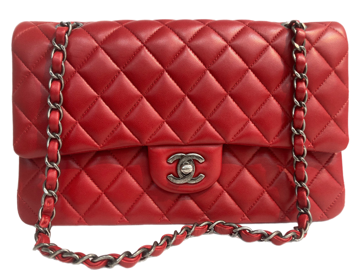 CHANEL Lambskin Leather Medium Double Flap Bag Red