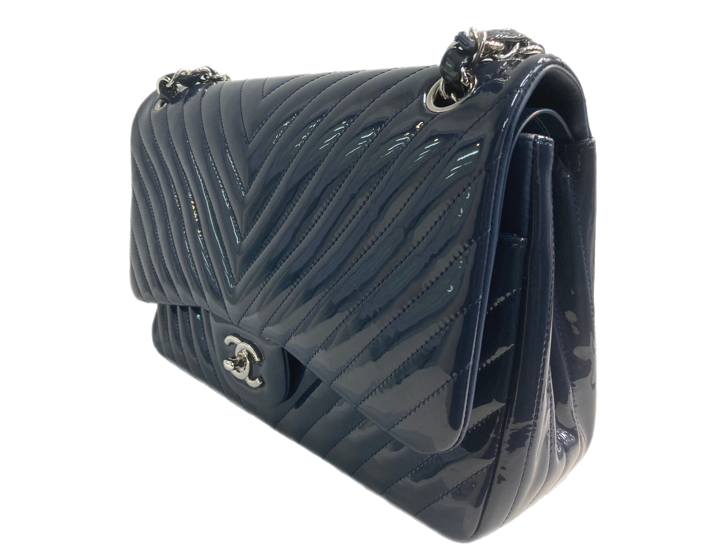 CHANEL Patent Leather Chevron Double Flap Handbag Navy Blue
