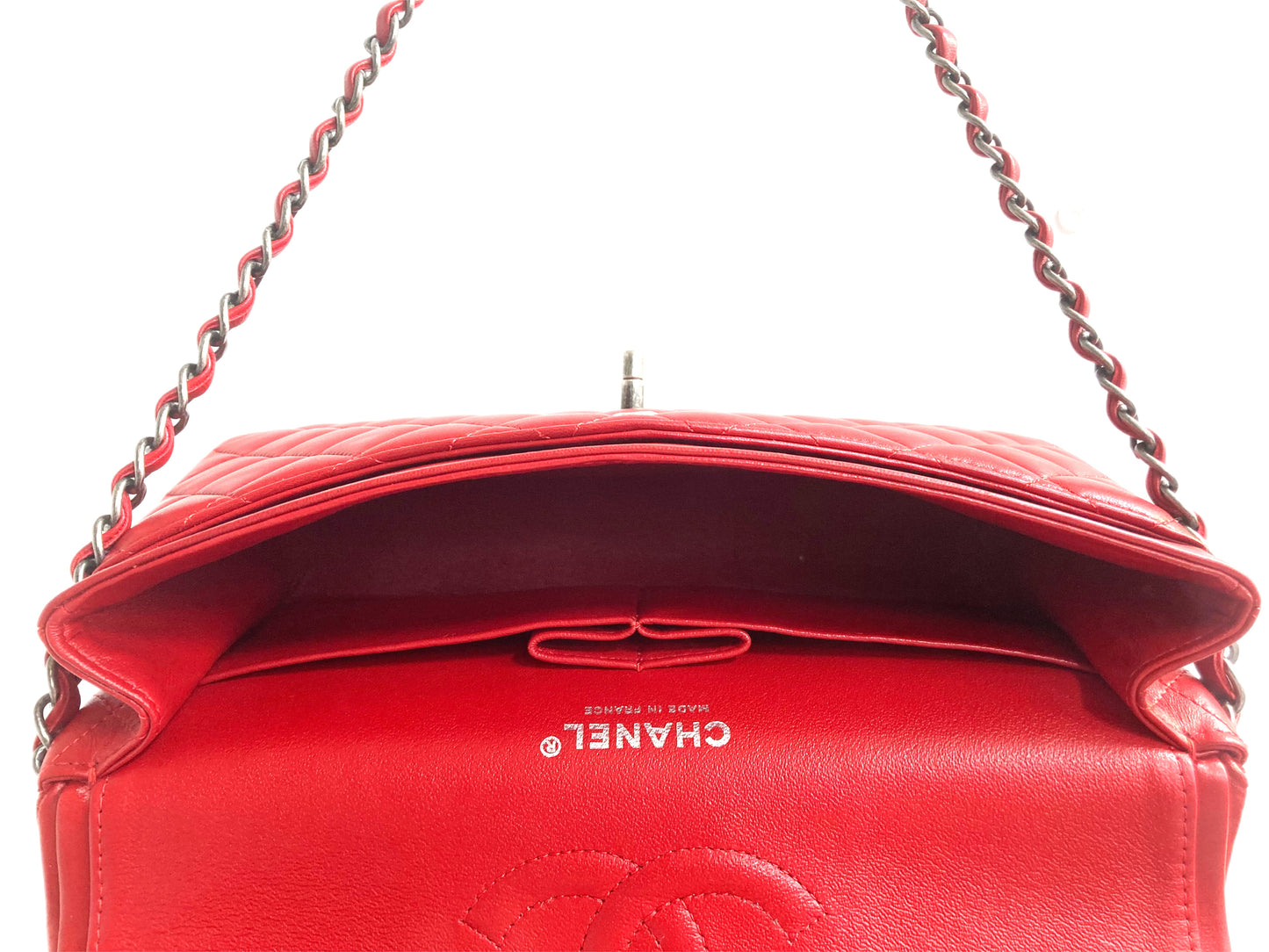CHANEL Lambskin Leather Medium Double Flap Bag Red