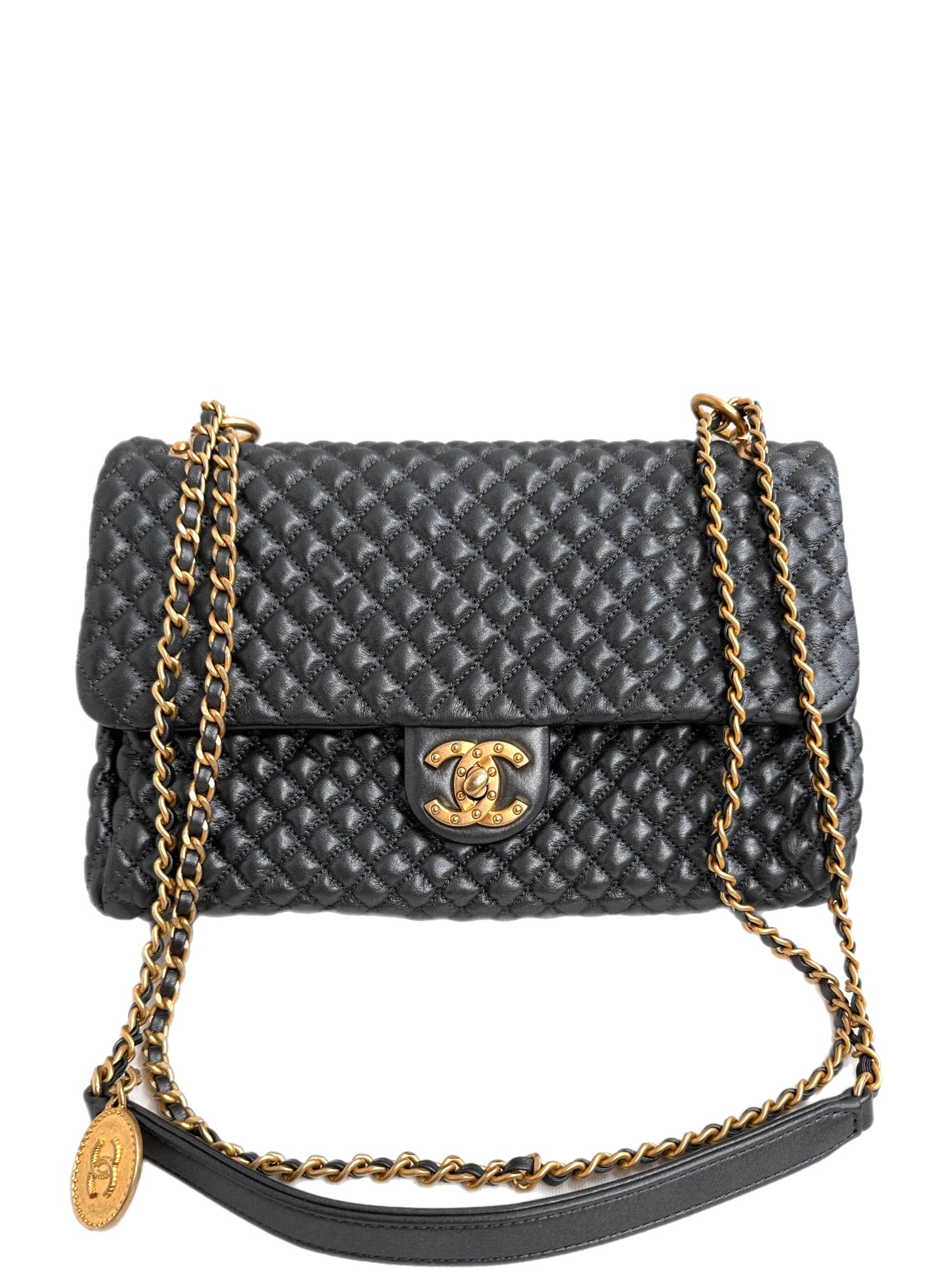 CHANEL Leather Timeless Classic Handbag Dark Gray