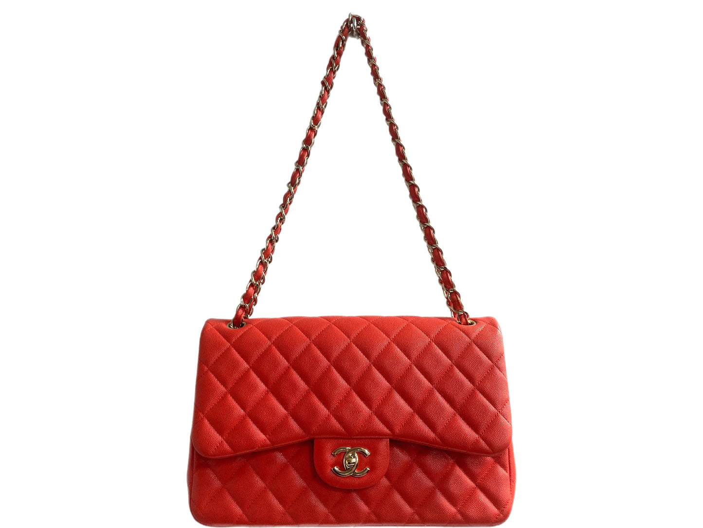 CHANEL Jumbo Caviar Leather Quilted Double Flap Handbag Orange/Red