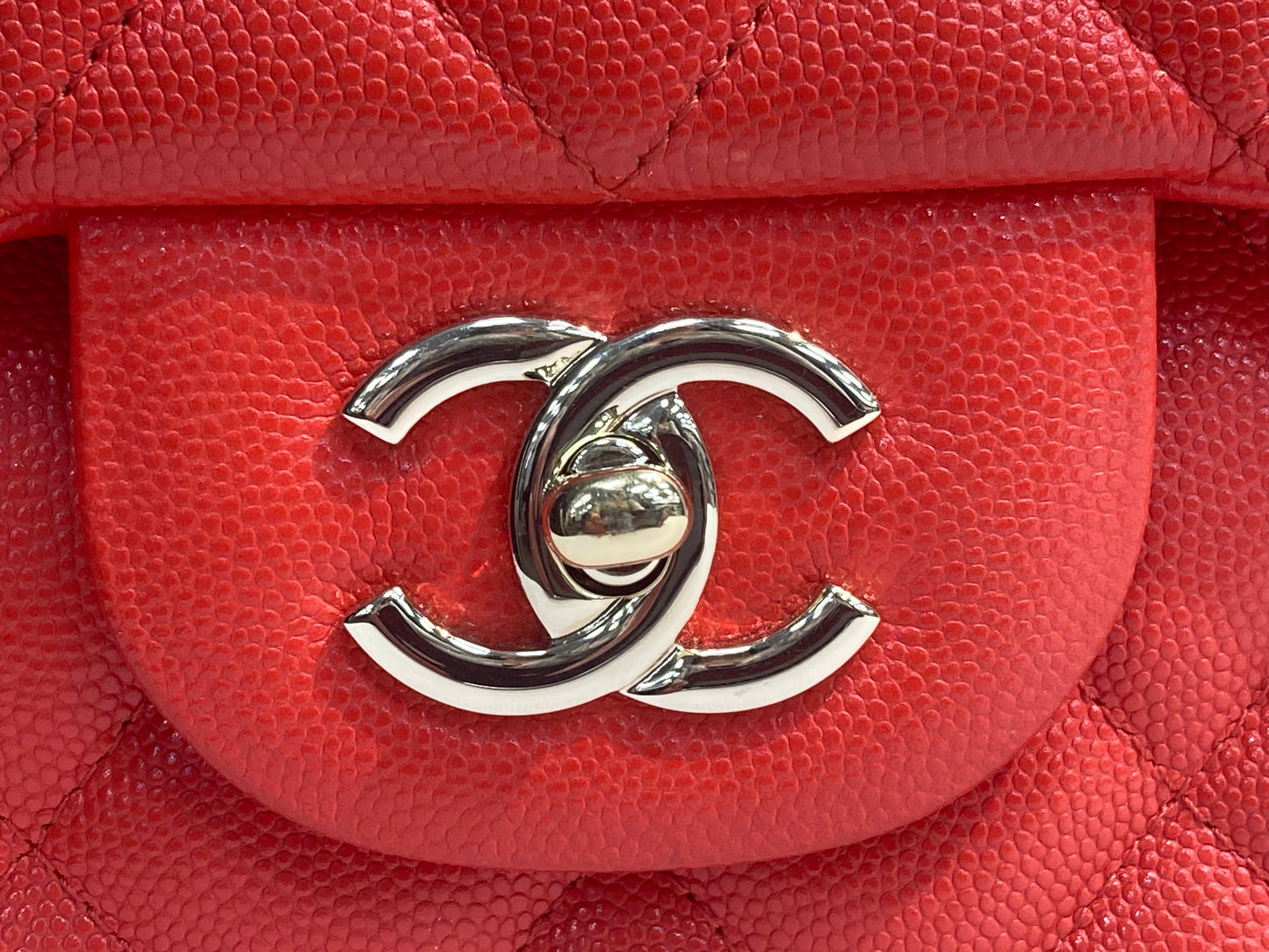 CHANEL Jumbo Caviar Leather Quilted Double Flap Handbag Orange/Red