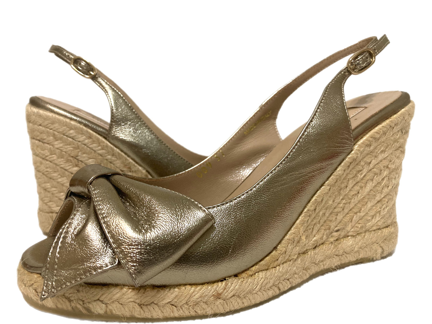 VALENTINO Leather Raffia Wedges Gold Size 37