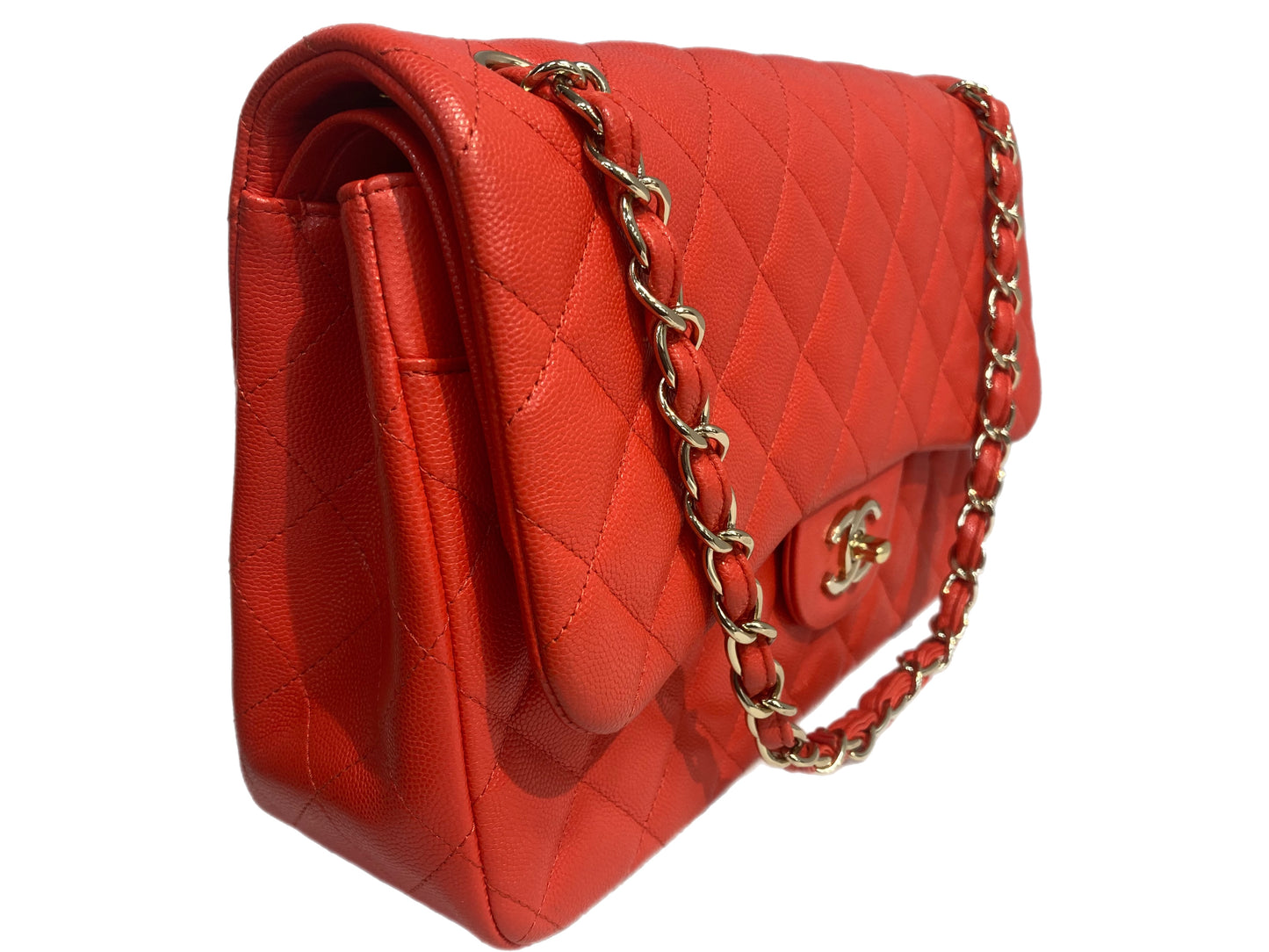 CHANEL Jumbo Caviar Leather Quilted Double Flap Handbag Orange/Red