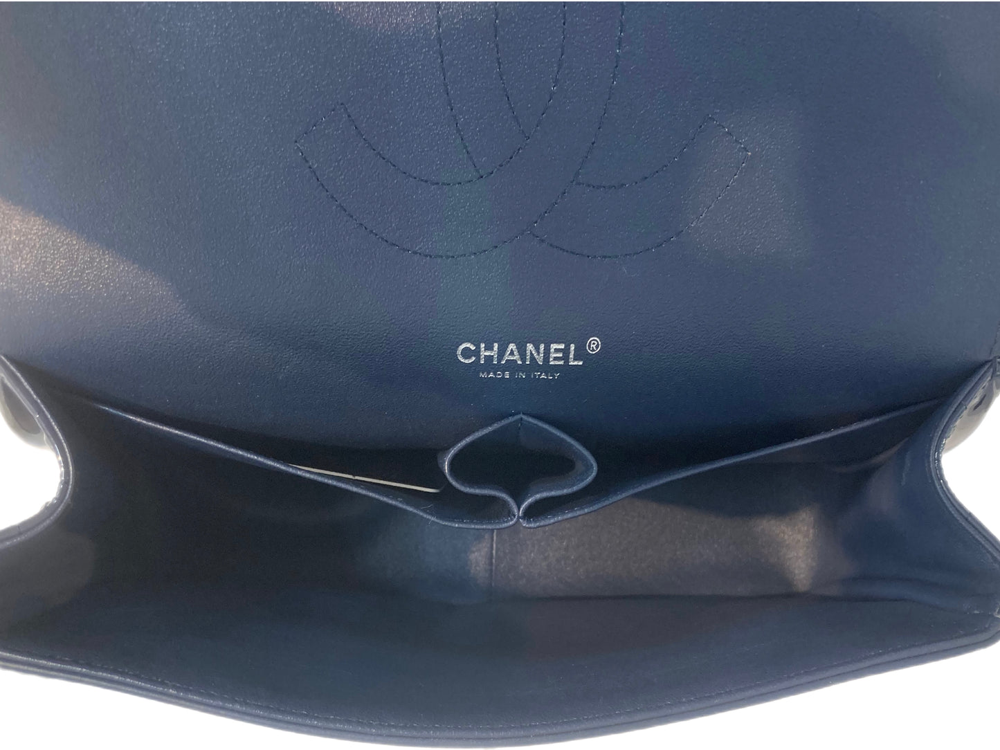 CHANEL Patent Leather Chevron Double Flap Handbag Navy Blue