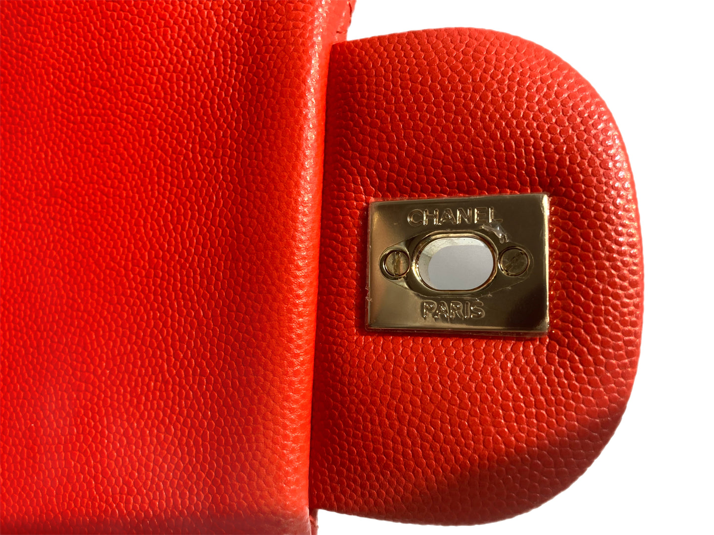 CHANEL Jumbo Caviar Leather Quilted Double Flap Handbag Orange/Red