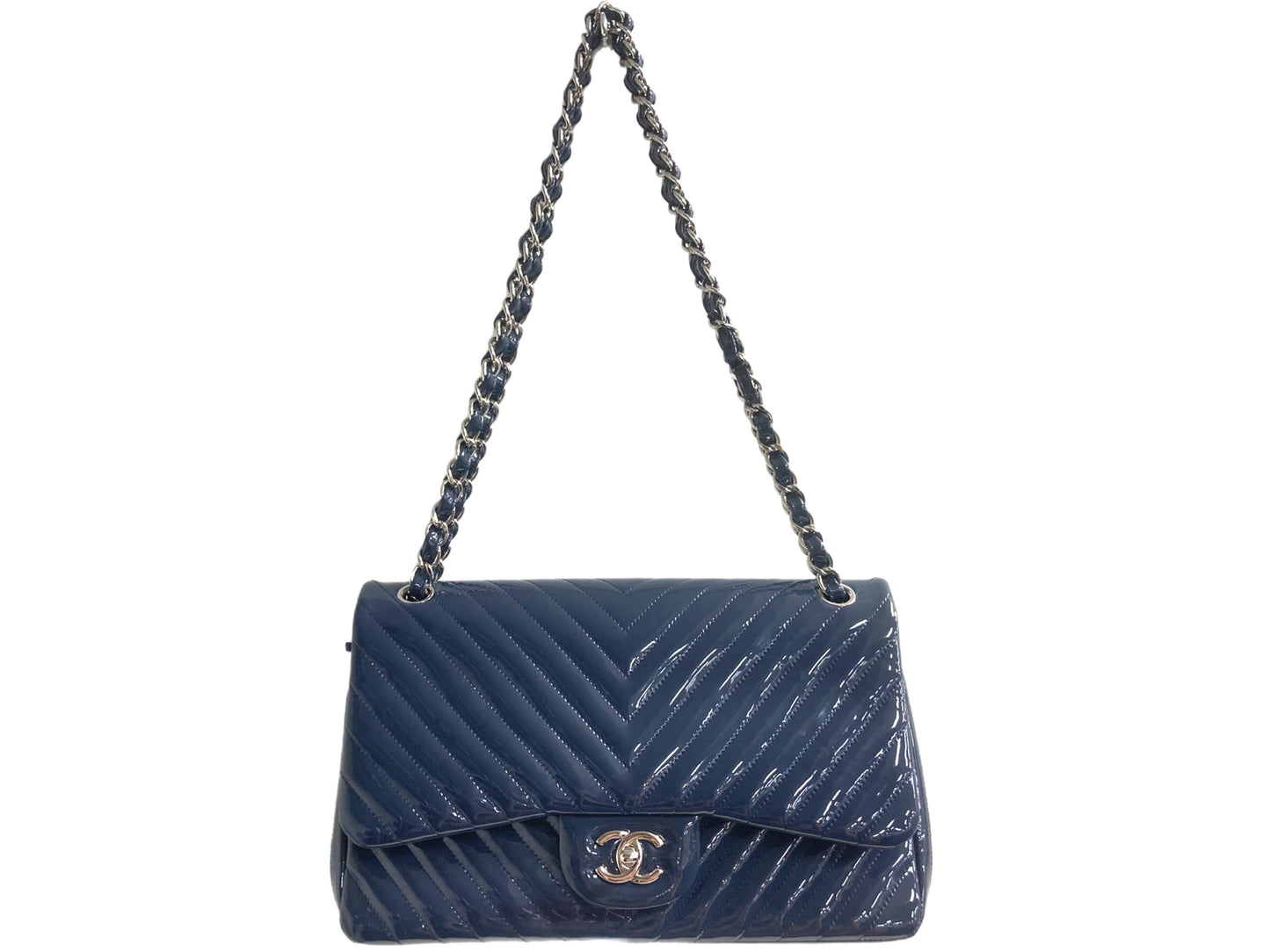 CHANEL Patent Leather Chevron Double Flap Handbag Navy Blue