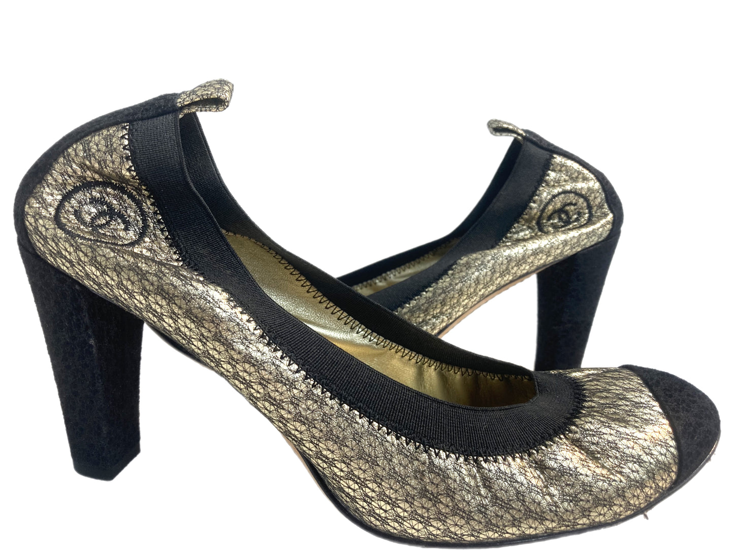 CHANEL Double CC Pumps Gold / Black Size 38.5
