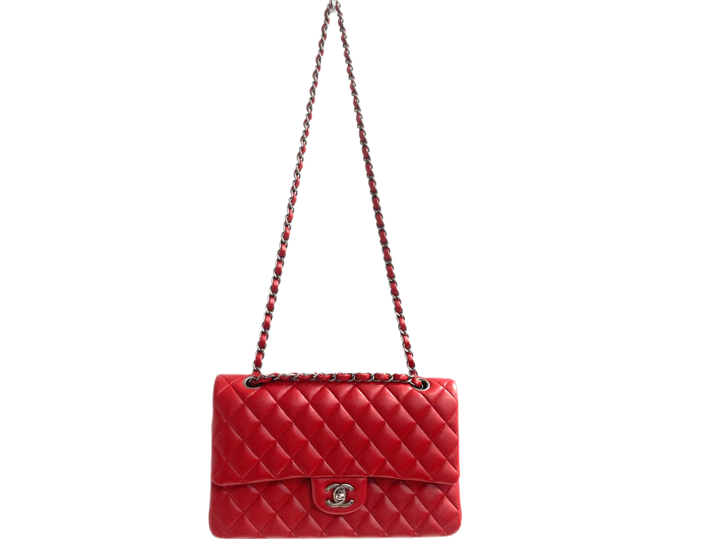 CHANEL Lambskin Leather Medium Double Flap Bag Red