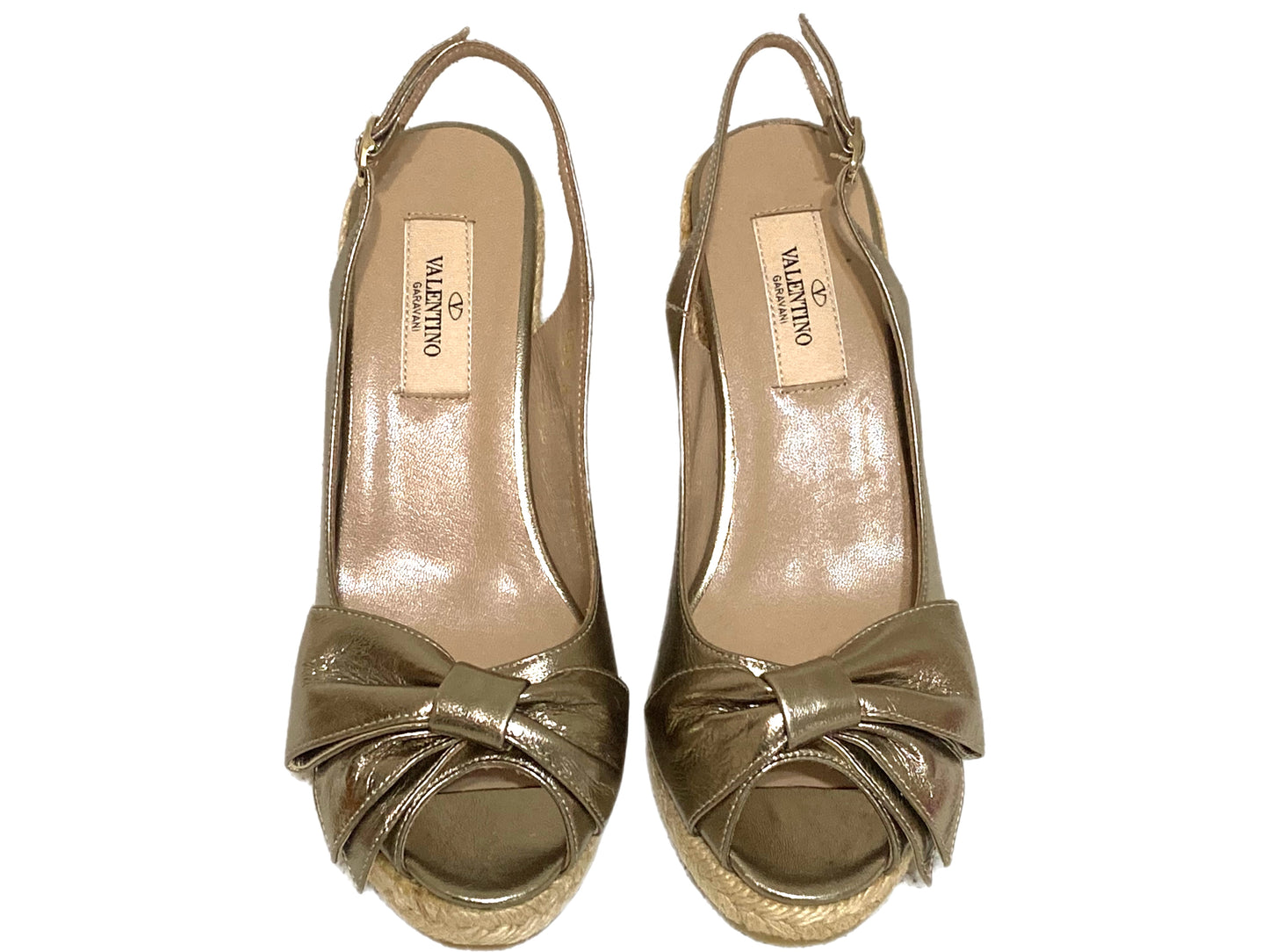 VALENTINO Leather Raffia Wedges Gold Size 37