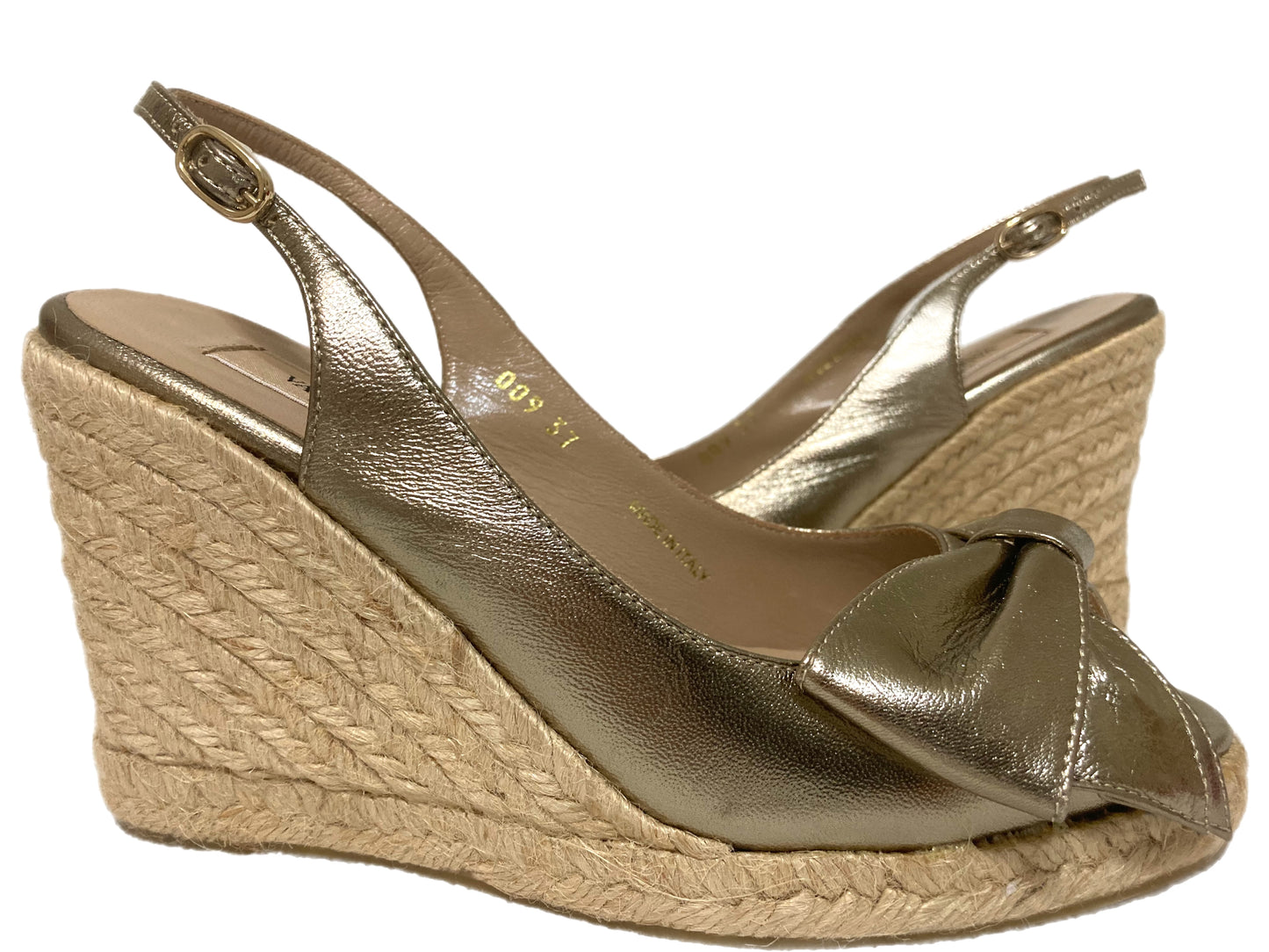 VALENTINO Leather Raffia Wedges Gold Size 37