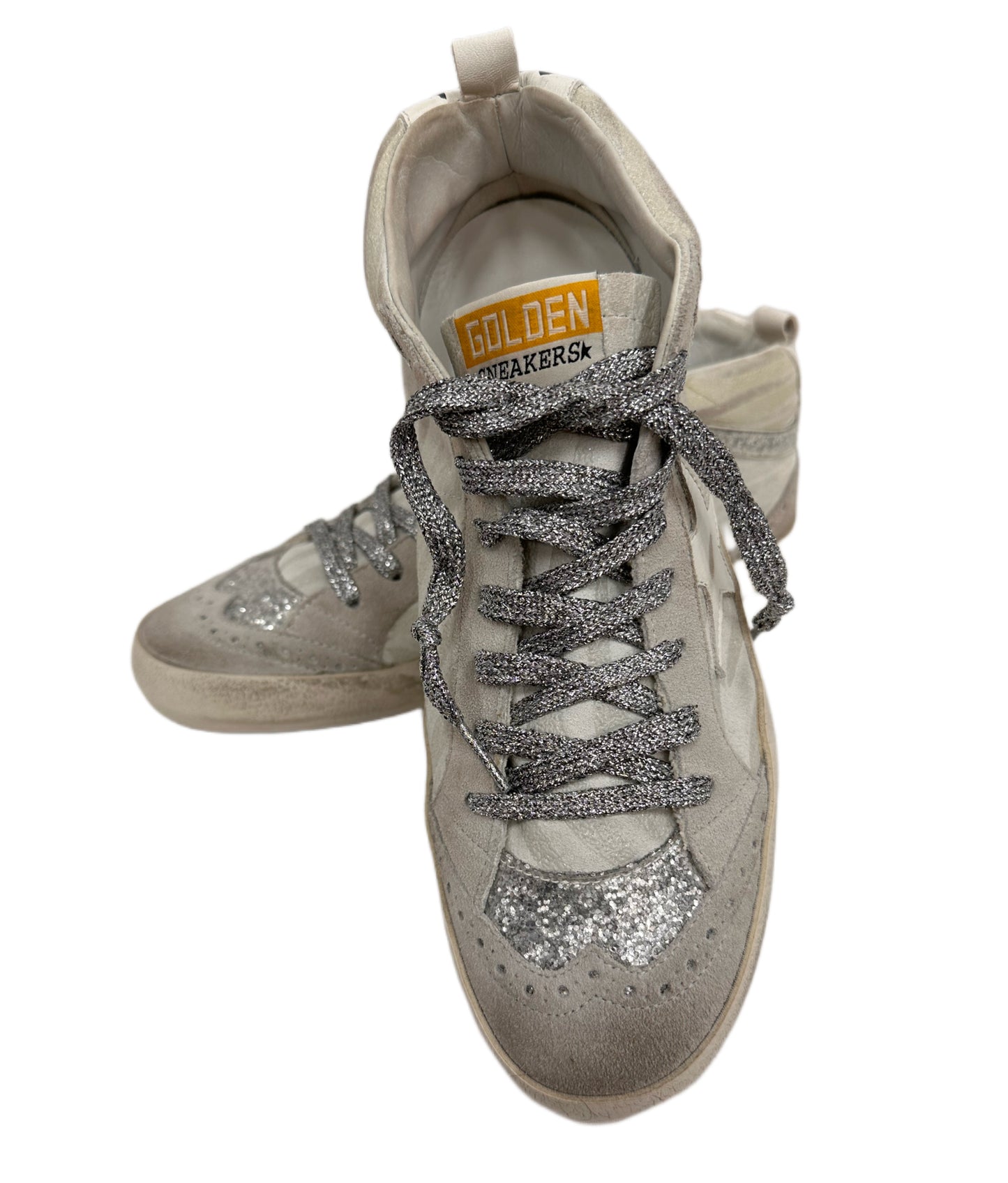 GOLDEN GOOSE Suede/ Glitter Mid Star Sneaker White/Silver