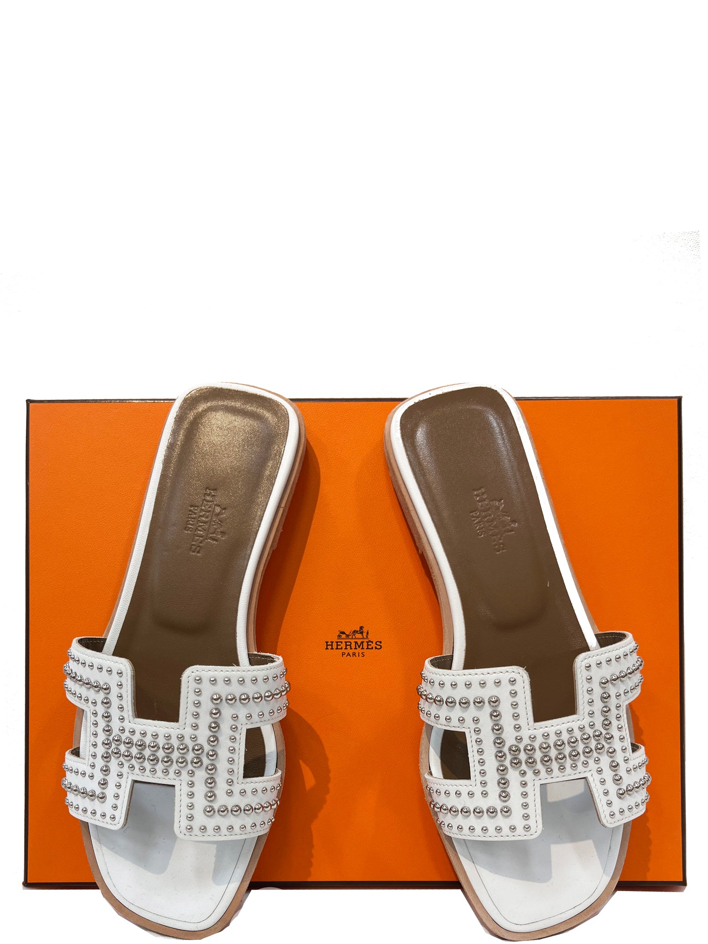 HERMES Leather Studded Tomette Oran Sandals White Size 37