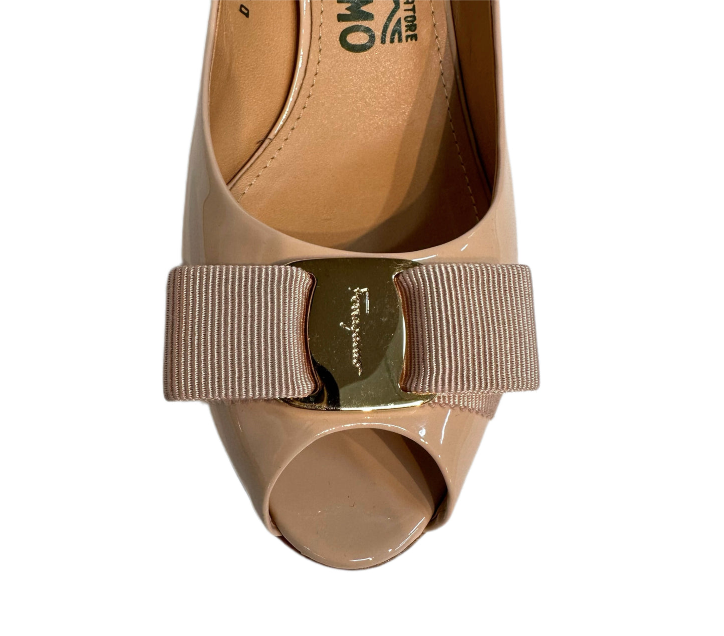 SALVATORE FERRAGAMO Patent Leather Wedges Nude Size 7