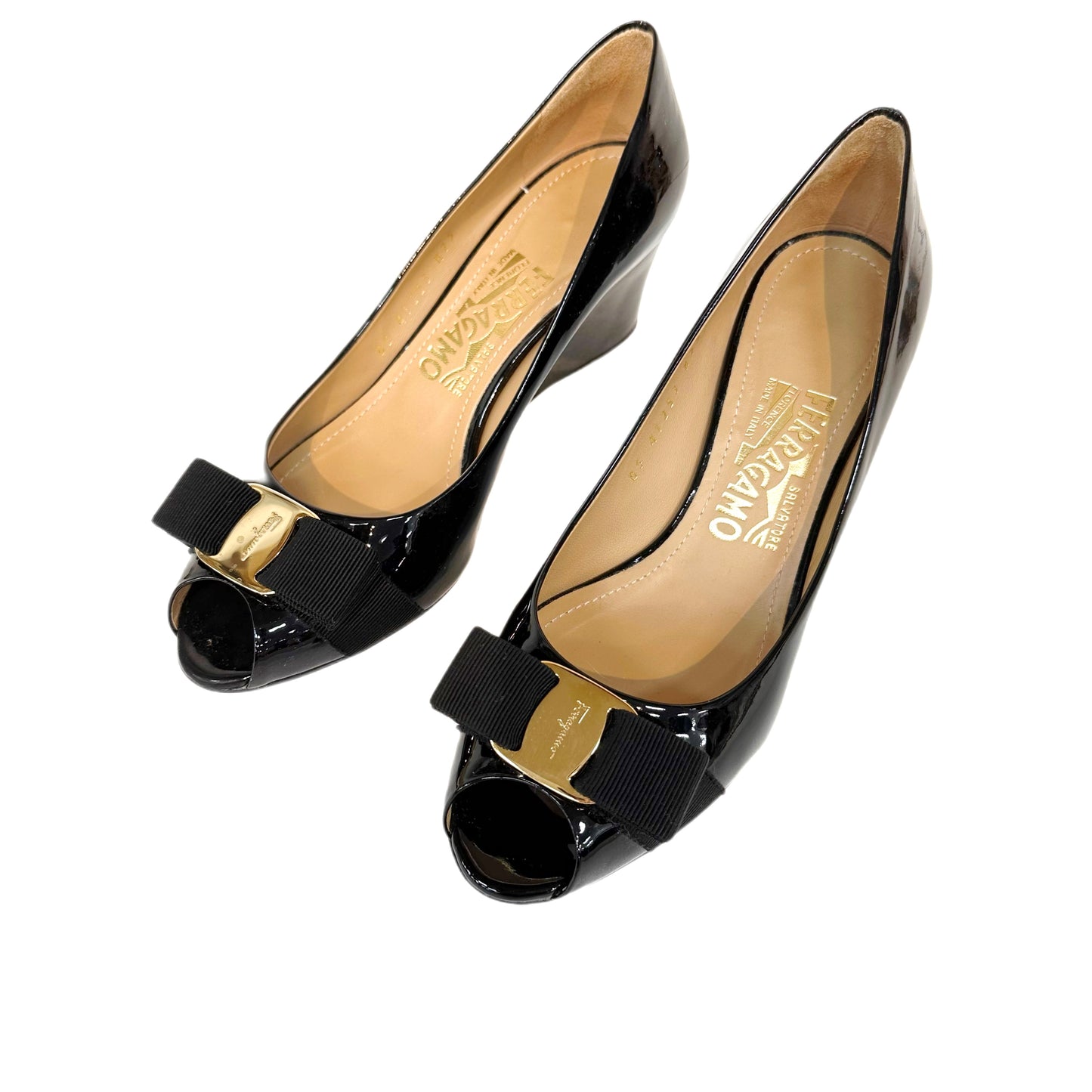 SALVATORE FERRAGAMO Patent Leather Wedges Black Size 7
