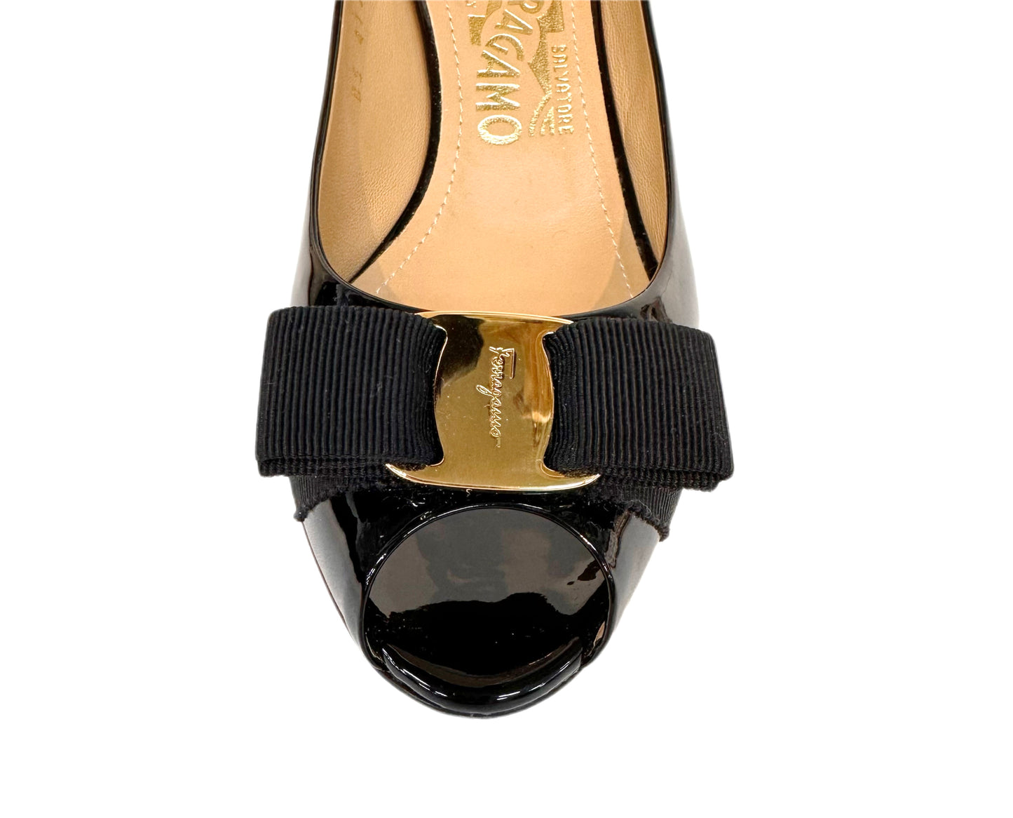 SALVATORE FERRAGAMO Patent Leather Wedges Black Size 7
