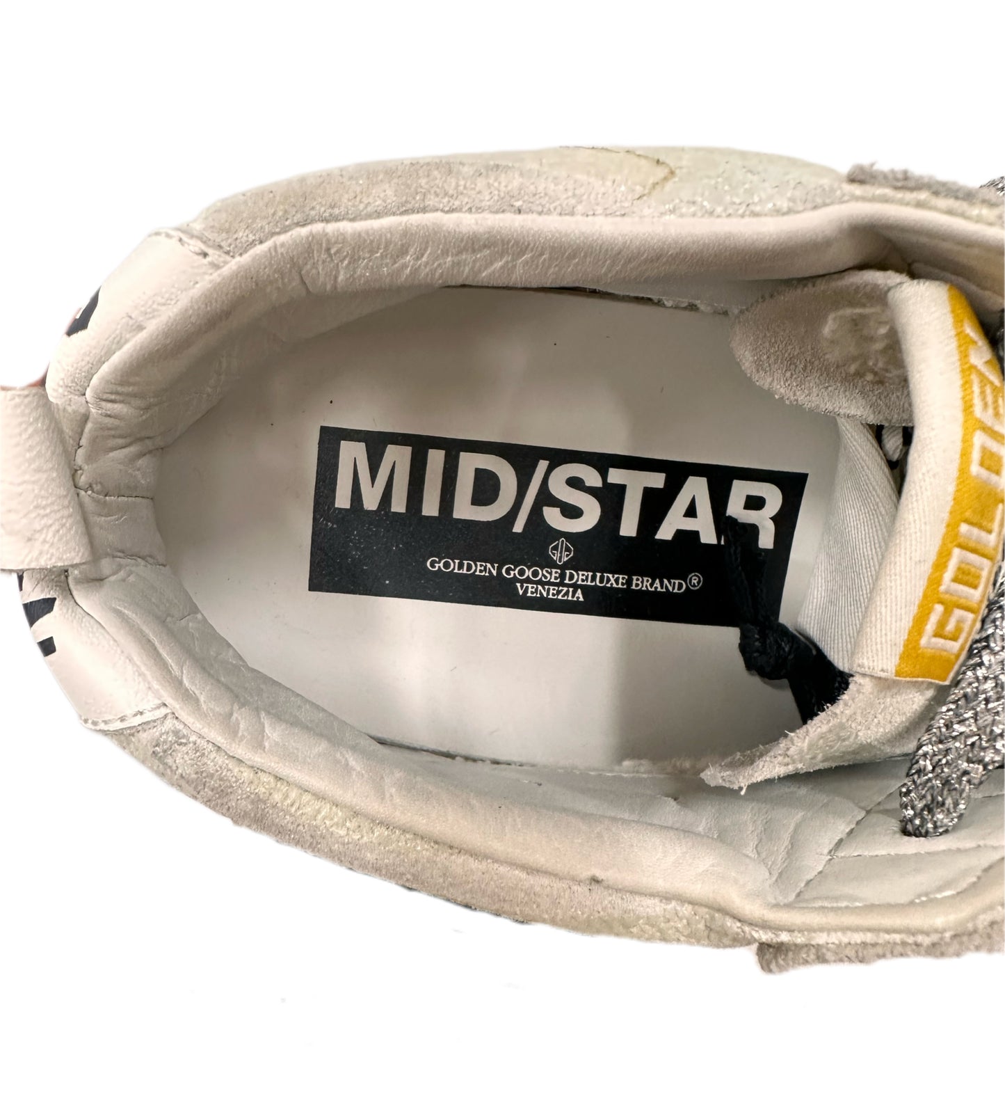 GOLDEN GOOSE Suede/ Glitter Mid Star Sneaker White/Silver