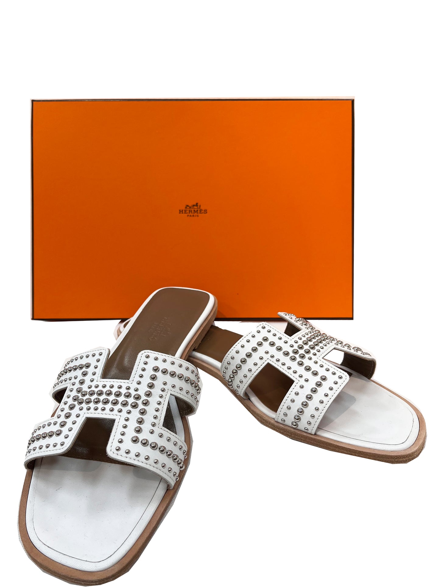 HERMES Leather Studded Tomette Oran Sandals White Size 37