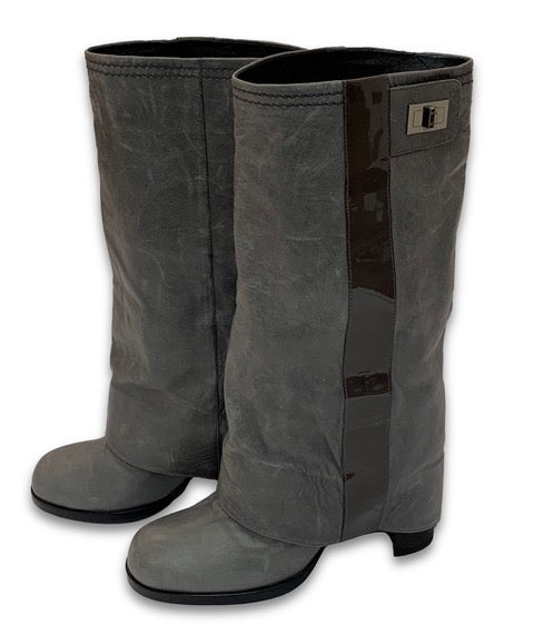 CHANEL Gray Leather Fold Over Boots Size 38