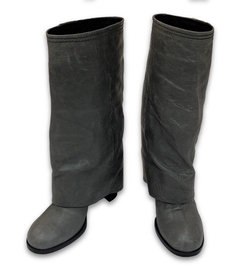 CHANEL Gray Leather Fold Over Boots Size 38
