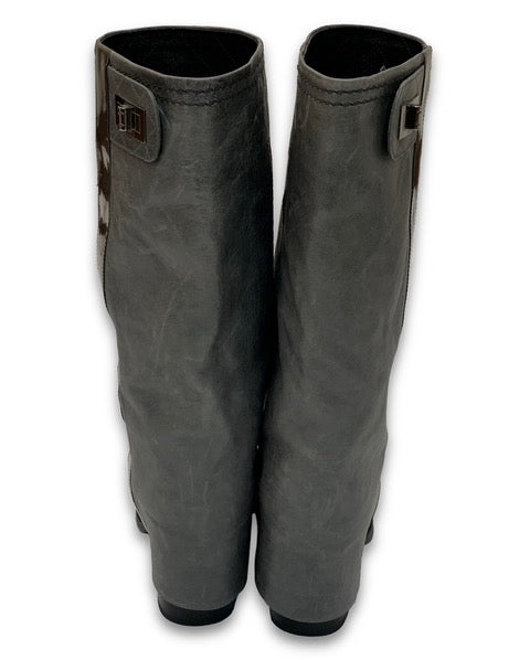 CHANEL Gray Leather Fold Over Boots Size 38