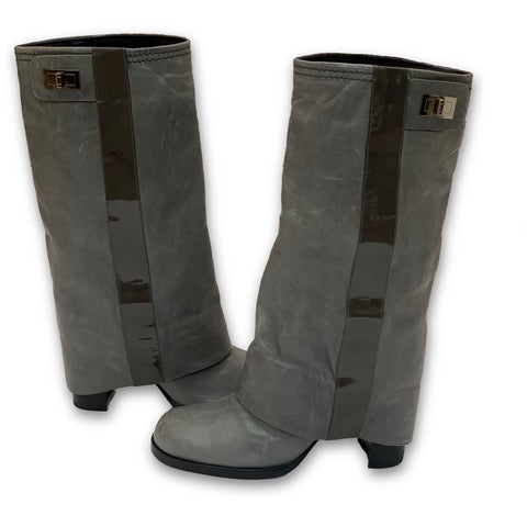 CHANEL Gray Leather Fold Over Boots Size 38