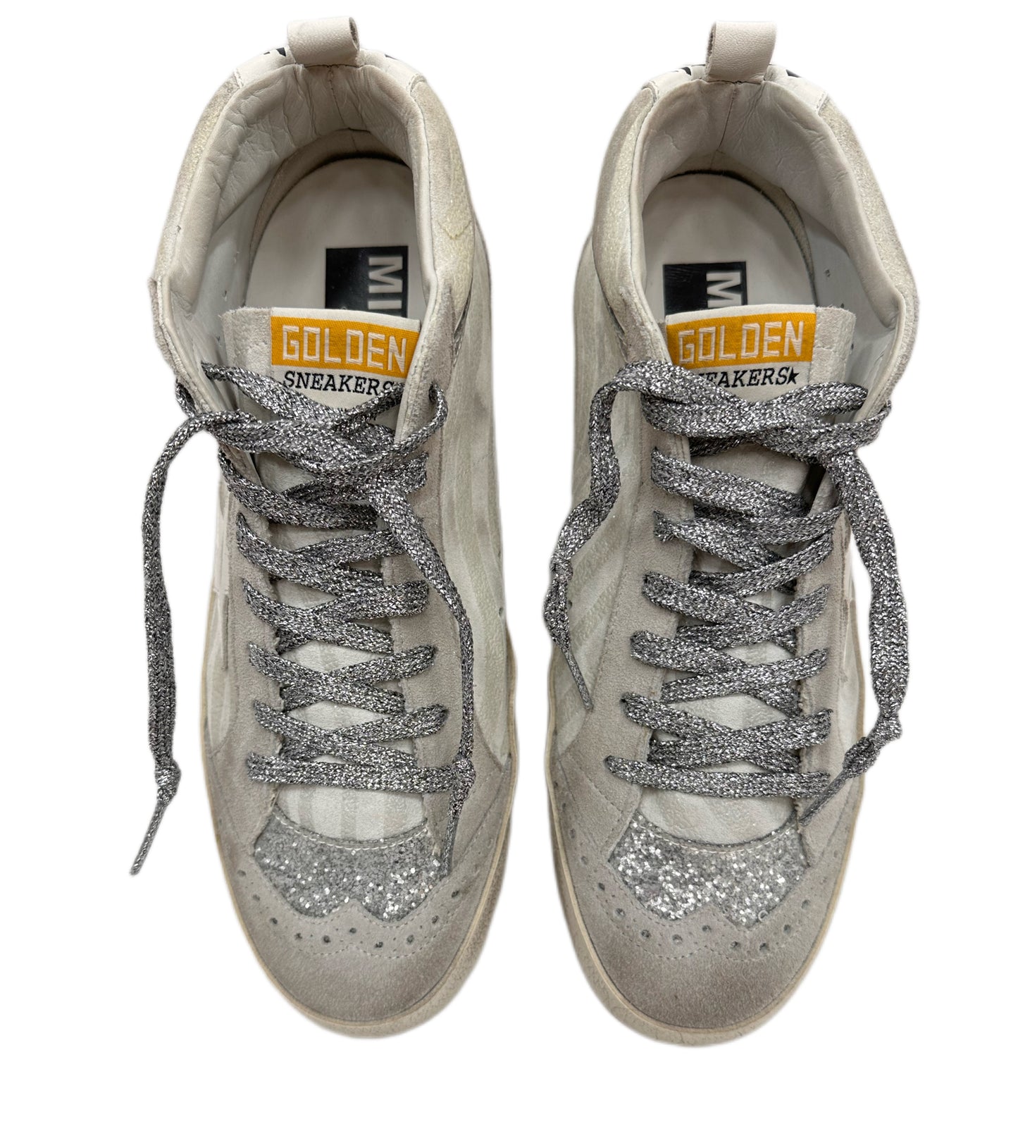GOLDEN GOOSE Suede/ Glitter Mid Star Sneaker White/Silver