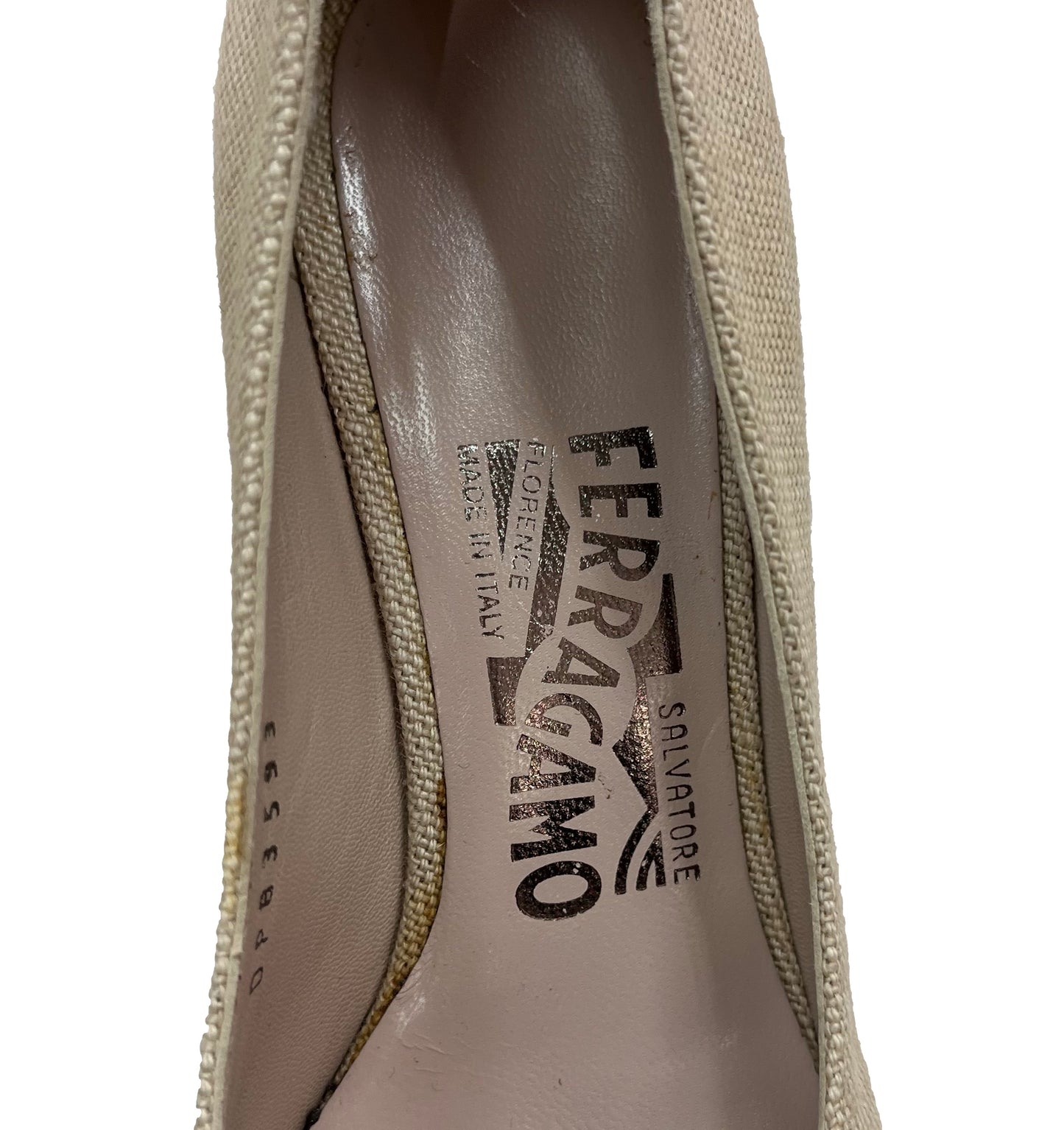 FERRAGAMO Beige Canvas Espadrille Wedges Size 5