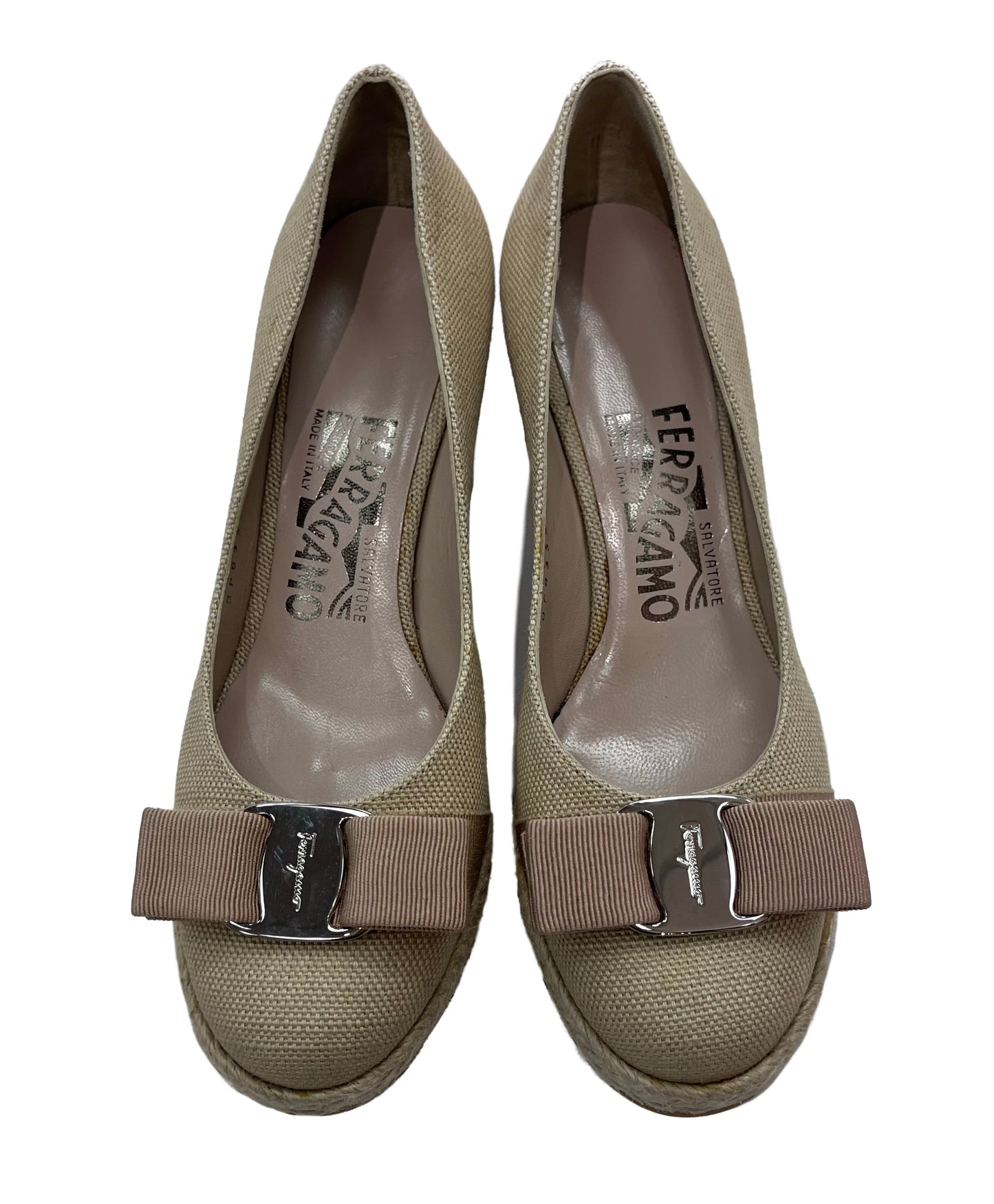 FERRAGAMO Beige Canvas Espadrille Wedges Size 5