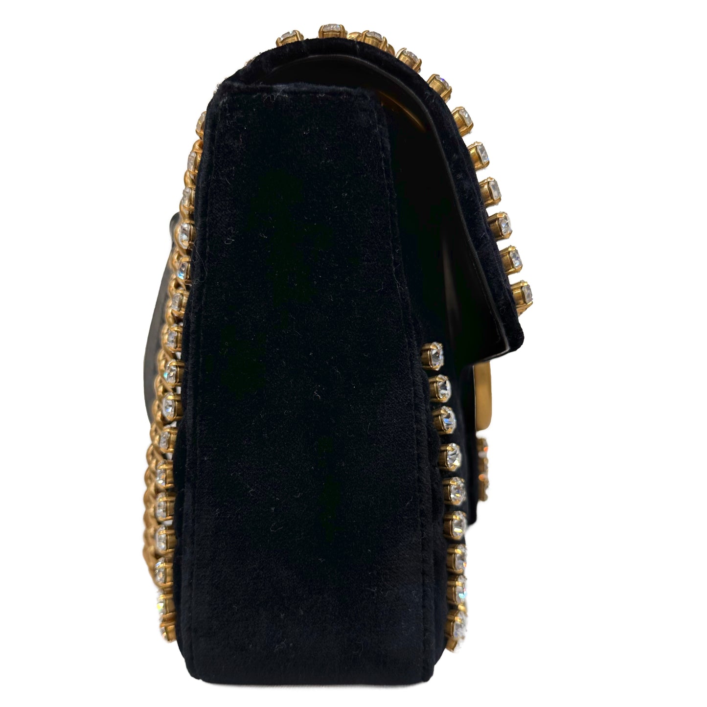 Gucci GG Marmont Matelassé Black Velvet Shoulder Bag with Rhinestones