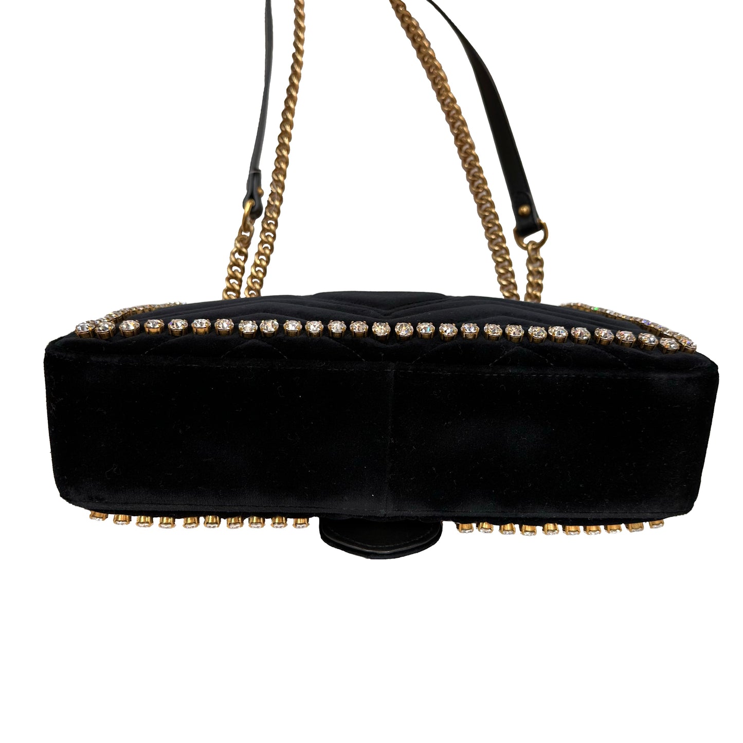 Gucci GG Marmont Matelassé Black Velvet Shoulder Bag with Rhinestones