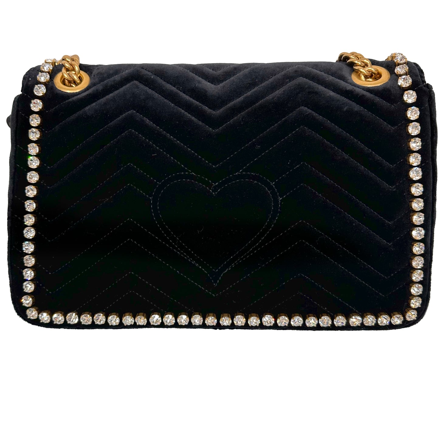 Gucci GG Marmont Matelassé Black Velvet Shoulder Bag with Rhinestones