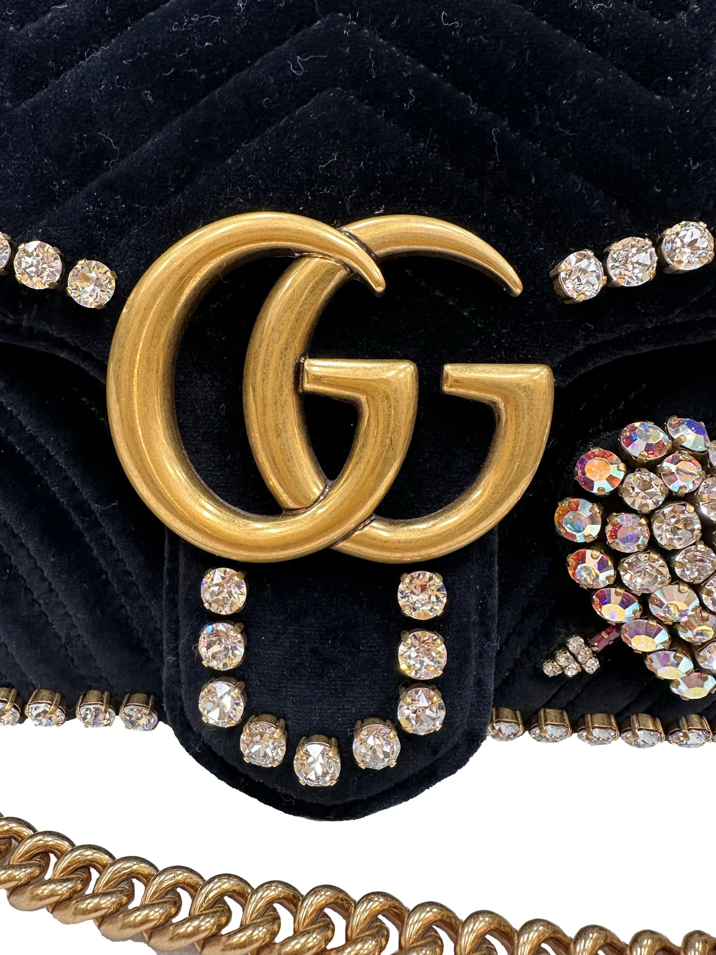 Gucci GG Marmont Matelassé Black Velvet Shoulder Bag with Rhinestones