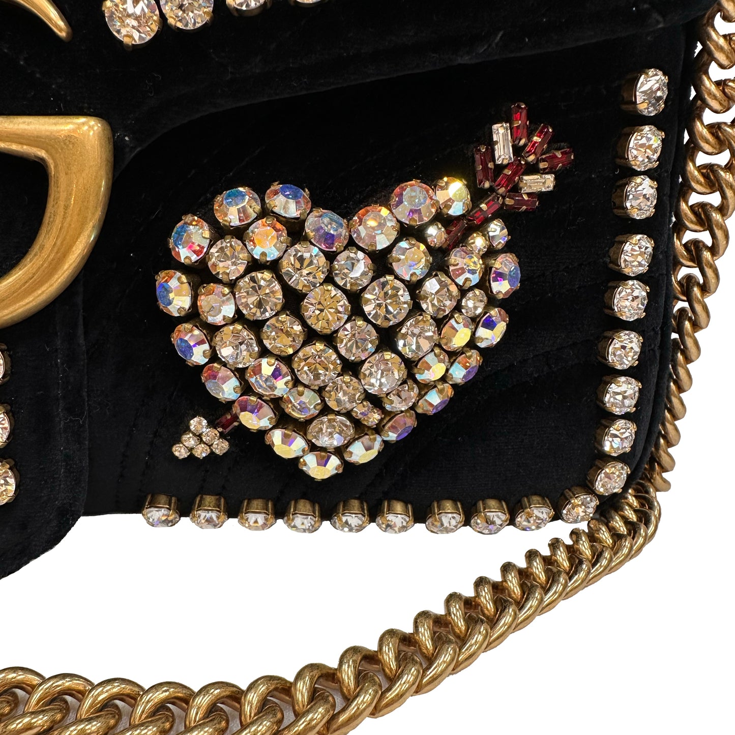 Gucci GG Marmont Matelassé Black Velvet Shoulder Bag with Rhinestones