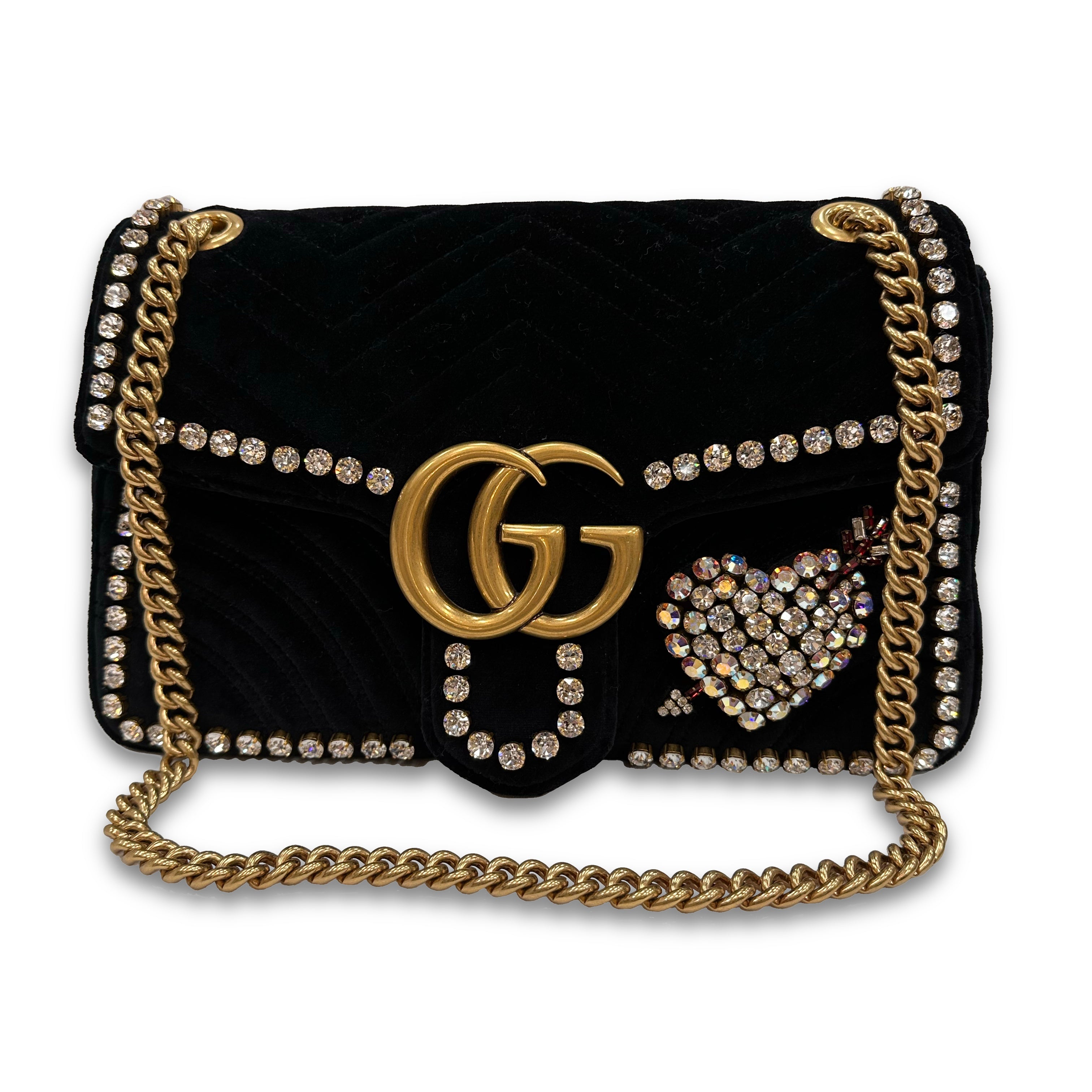 Gucci GG Marmont Matelassé Black Velvet Shoulder Bag with Rhinestones