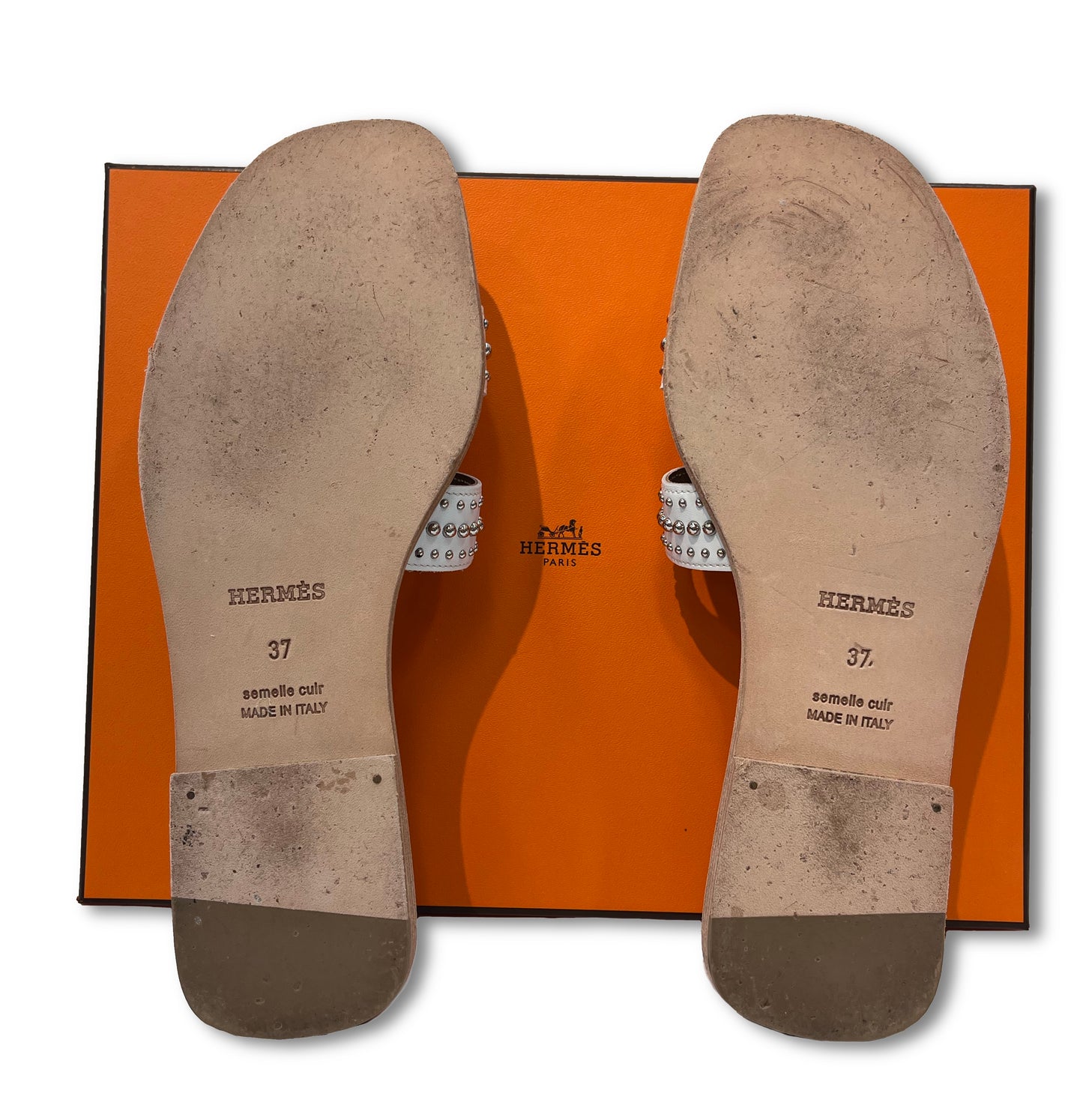 HERMES Leather Studded Tomette Oran Sandals White Size 37