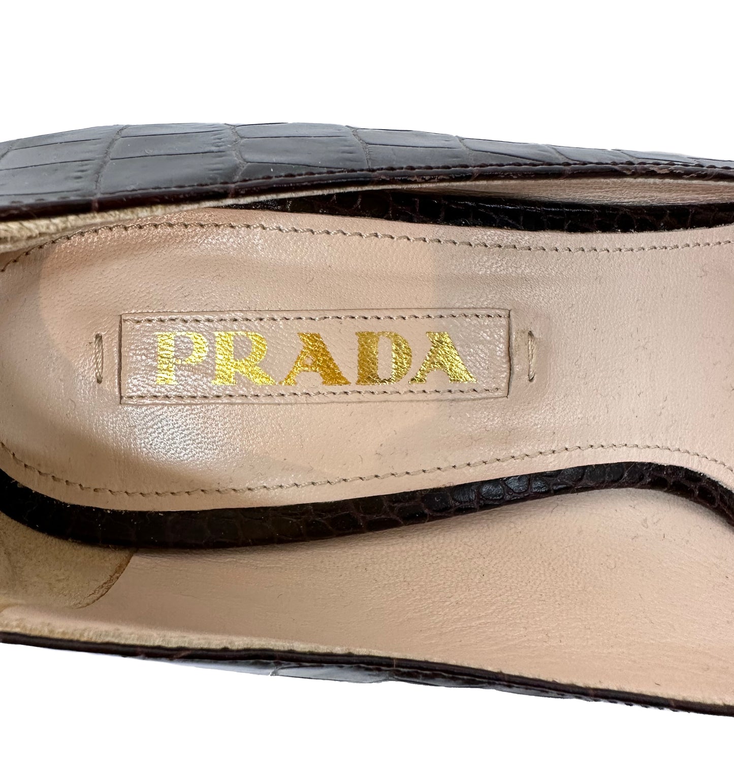 PRADA Croc Embossed Brown Leather Platform Pumps Size 37.5