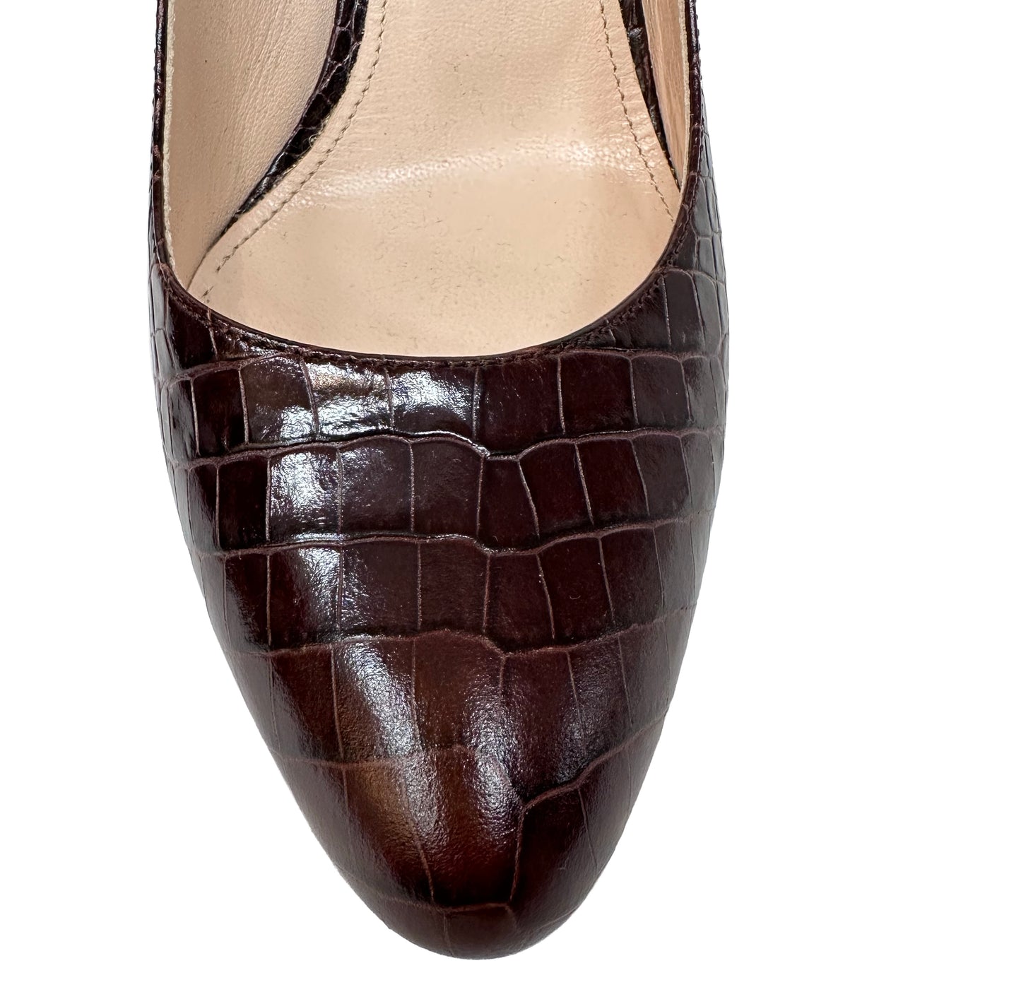 PRADA Croc Embossed Brown Leather Platform Pumps Size 37.5